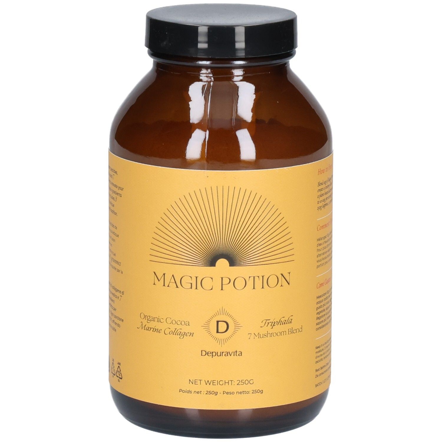 Flacon en verre brun avec couvercle noir. Étiquette "Magic Potion", "Organic Cocoa Marine Collagen", "Depuravita".