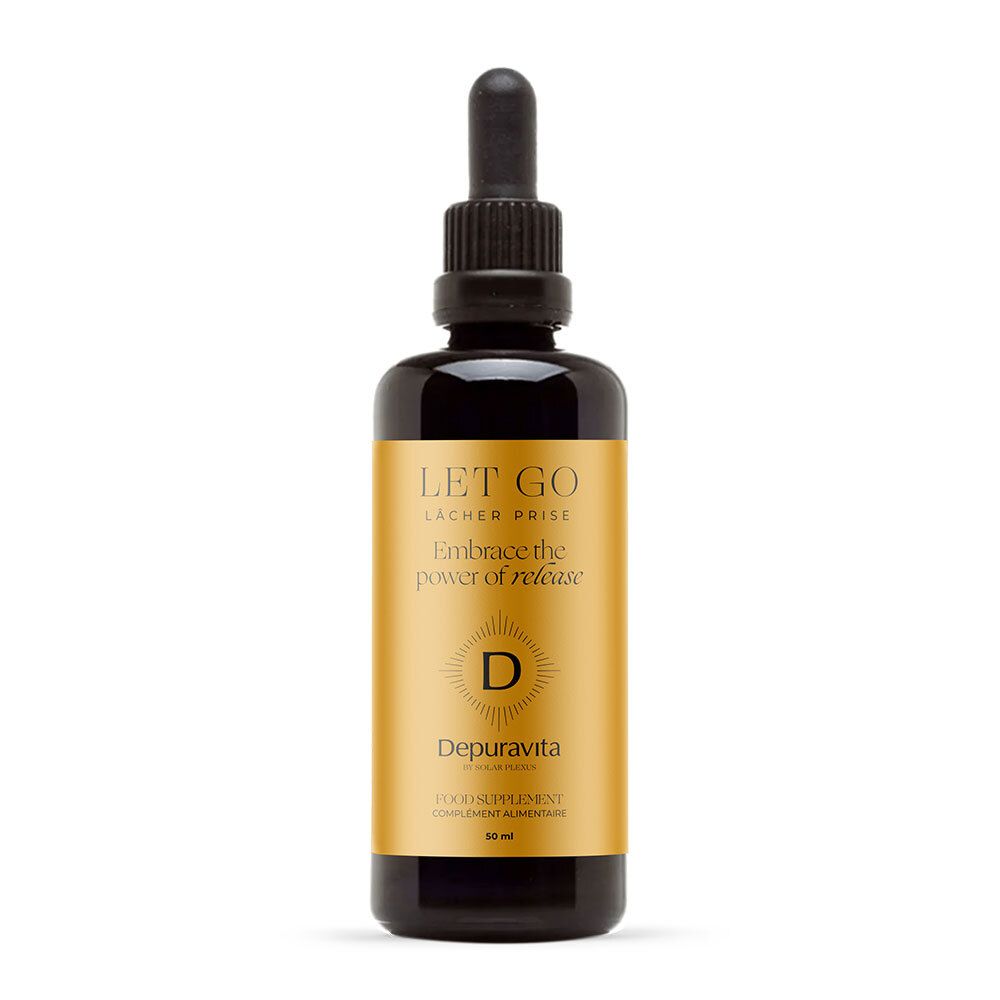 Flacon en verre brun avec bouchon noir et pipette. Étiquette dorée avec texte: LET GO, Depuravita. Produit.
