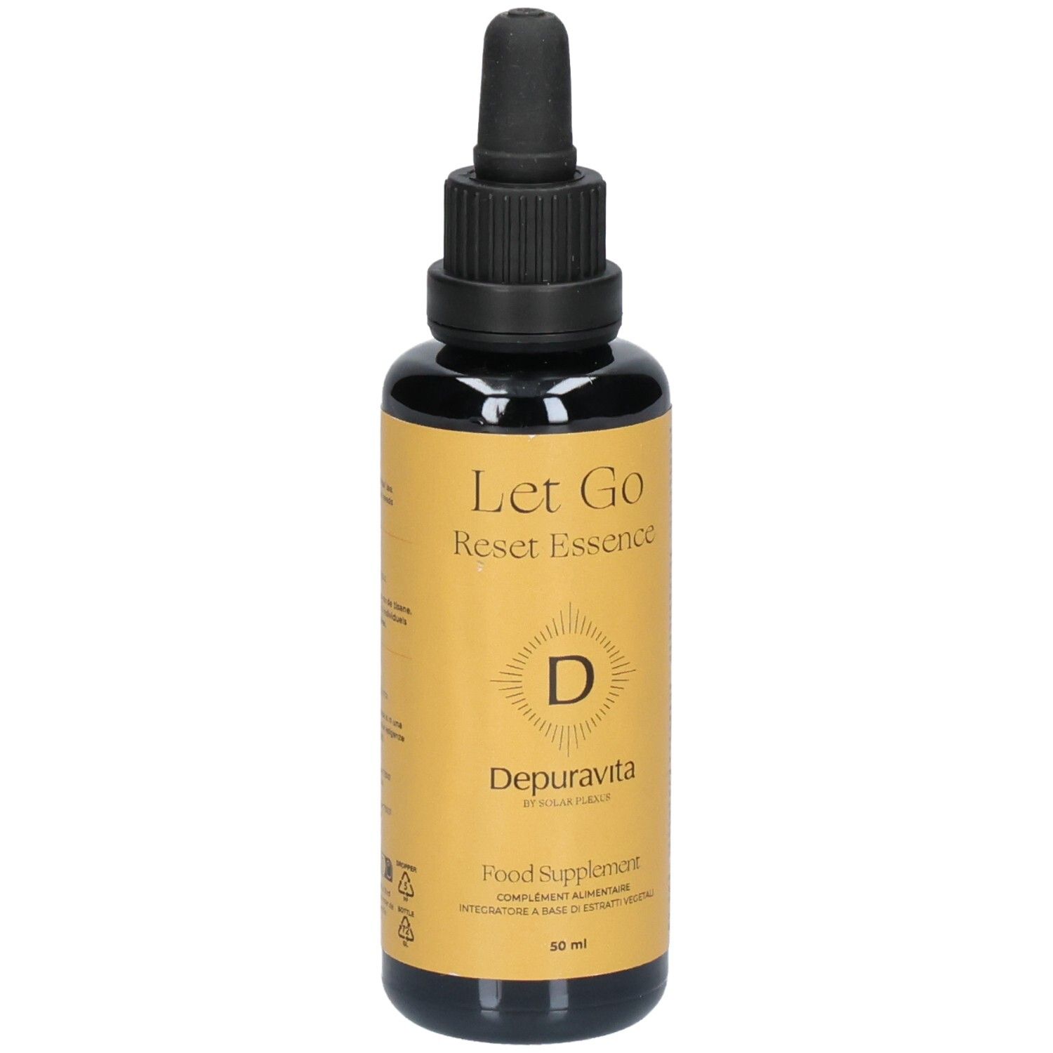 Flacon en verre brun avec bouchon noir et pipette. Inscription: Let Go Reset Essence, Depuravita, Food Supplement.