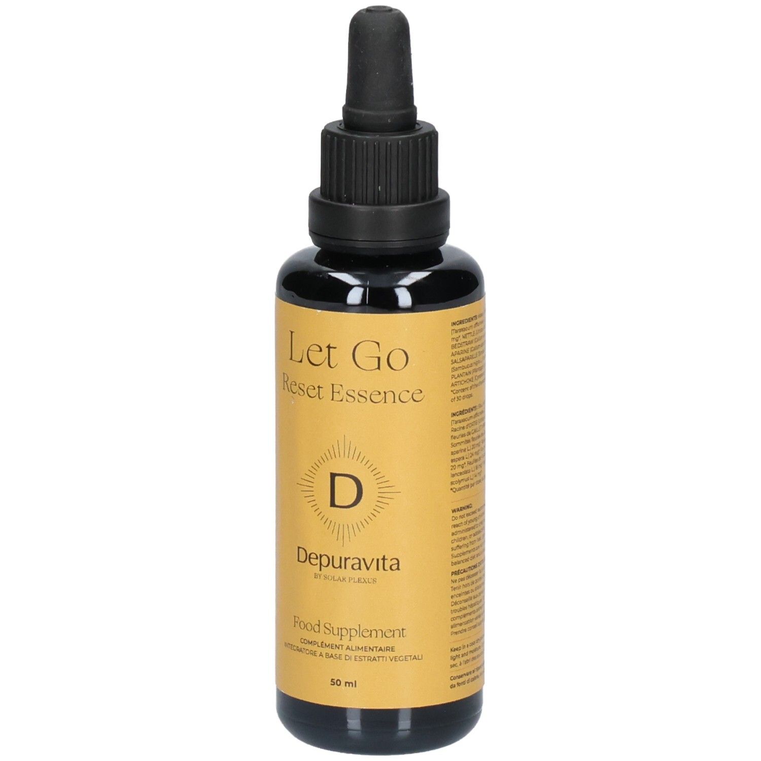 Flacon en verre brun avec bouchon noir et pipette. Inscription: Let Go Reset Essence, Depuravita, Food Supplement.