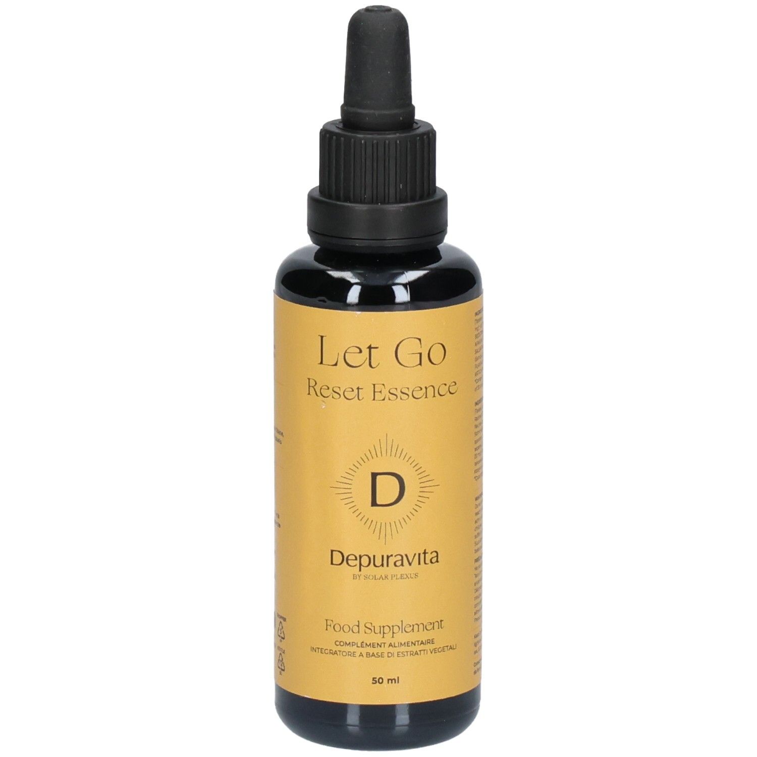 Flacon en verre brun avec bouchon noir et pipette. Inscription: Let Go Reset Essence, Depuravita, Food Supplement.