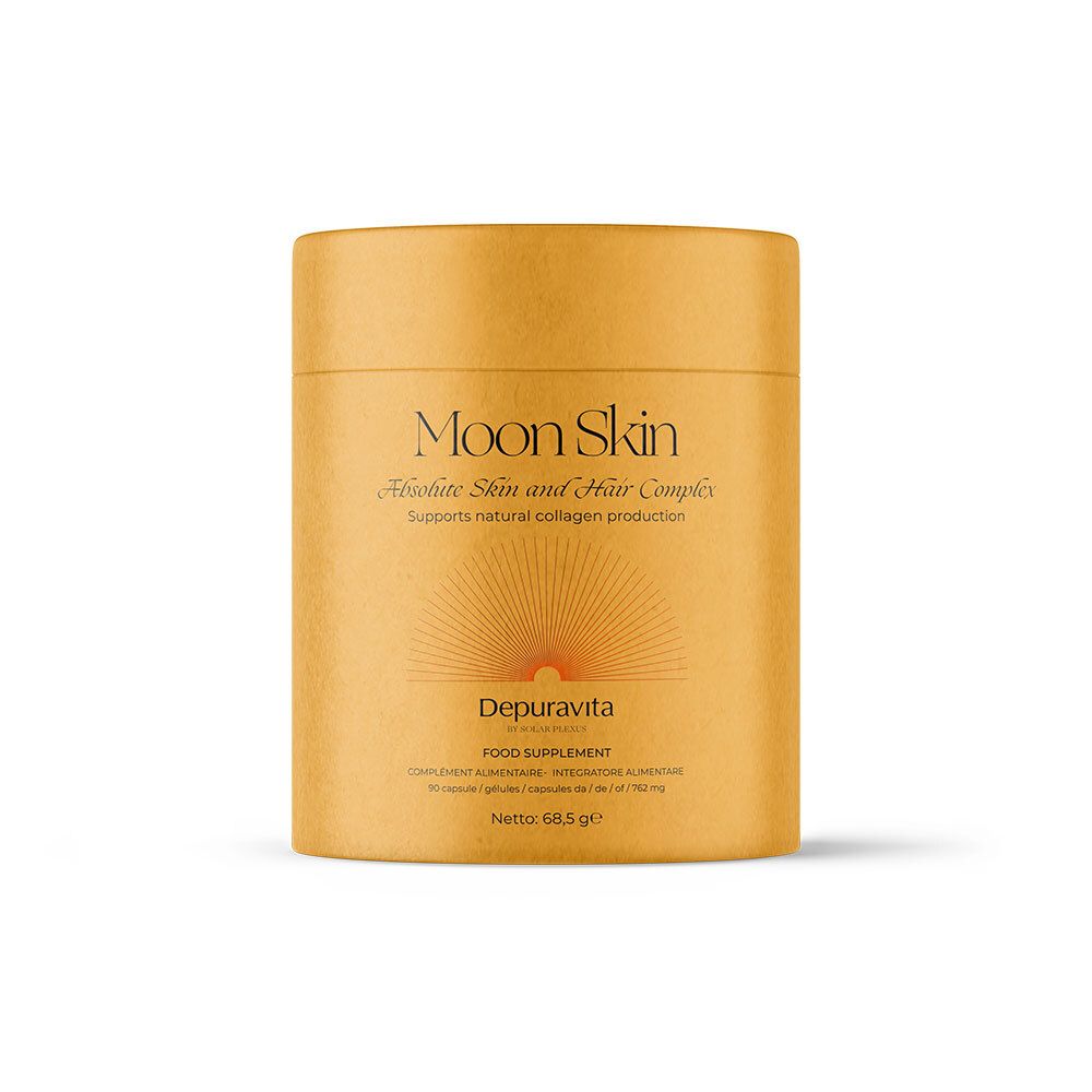 Boîte cylindrique "Moon Skin". Complément alimentaire. Emballage jaune avec logo soleil.