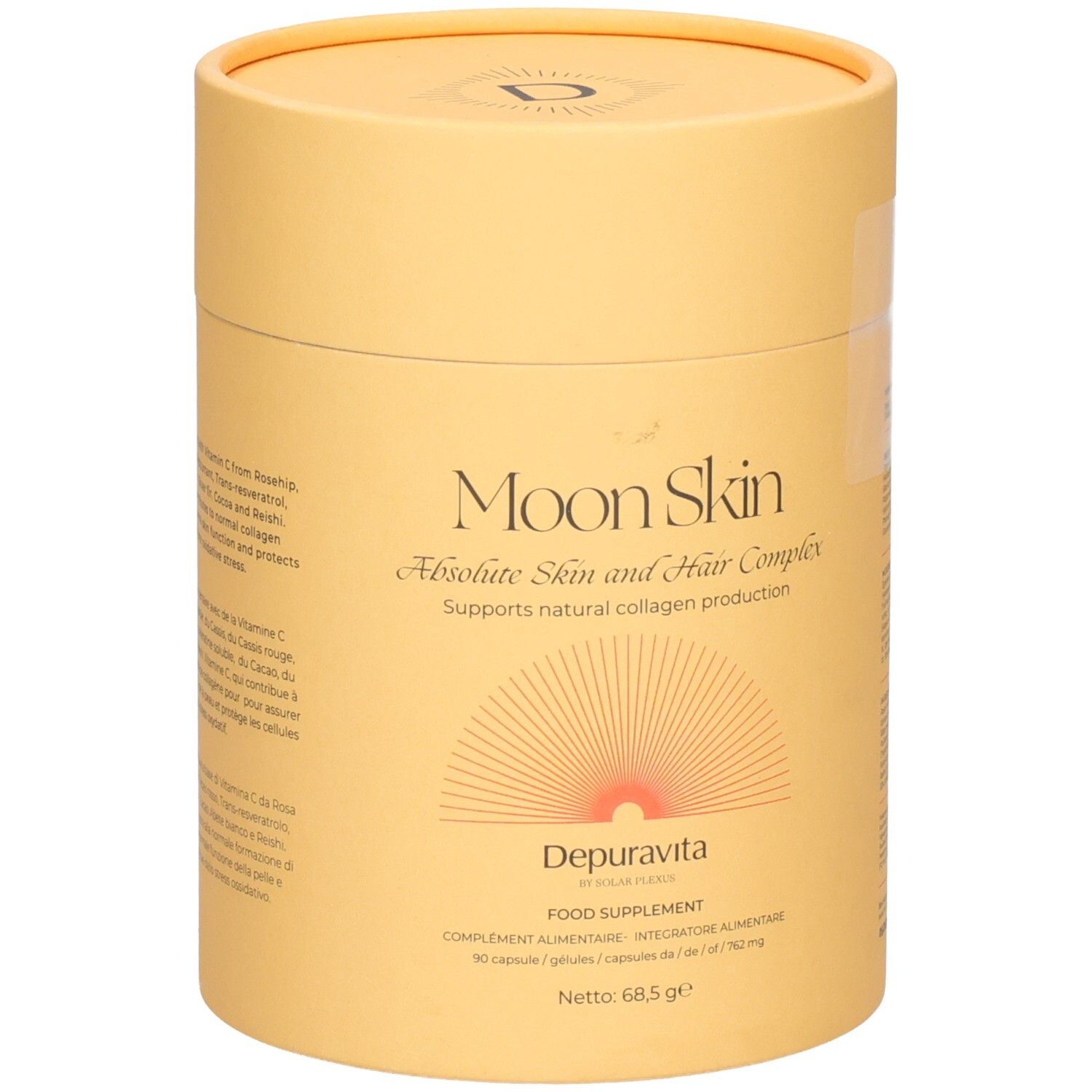 Boîte cylindrique "Moon Skin - Absolute Skin and Hair Complex". Design orange avec motif solaire et logo.