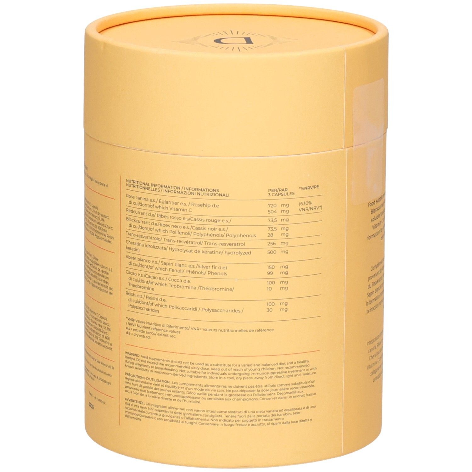 Boîte avec informations nutritionnelles. Liste des ingrédients et quantités.