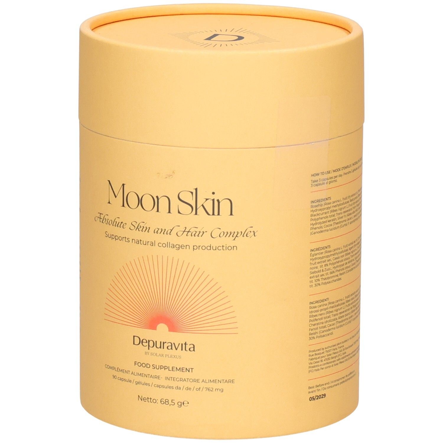 Boîte cylindrique. Inscription "Moon Skin - Absolute Skin and Hair Complex" et "Depuravita".