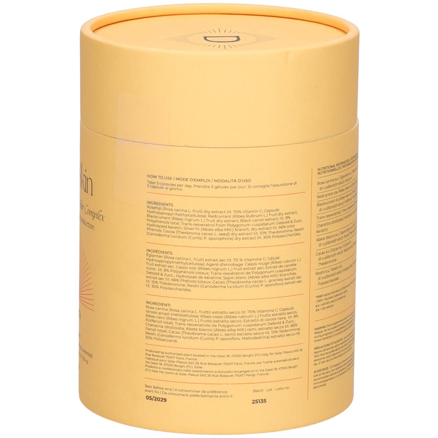 Dos de la boîte. Informations d'utilisation et ingrédients en plusieurs langues.