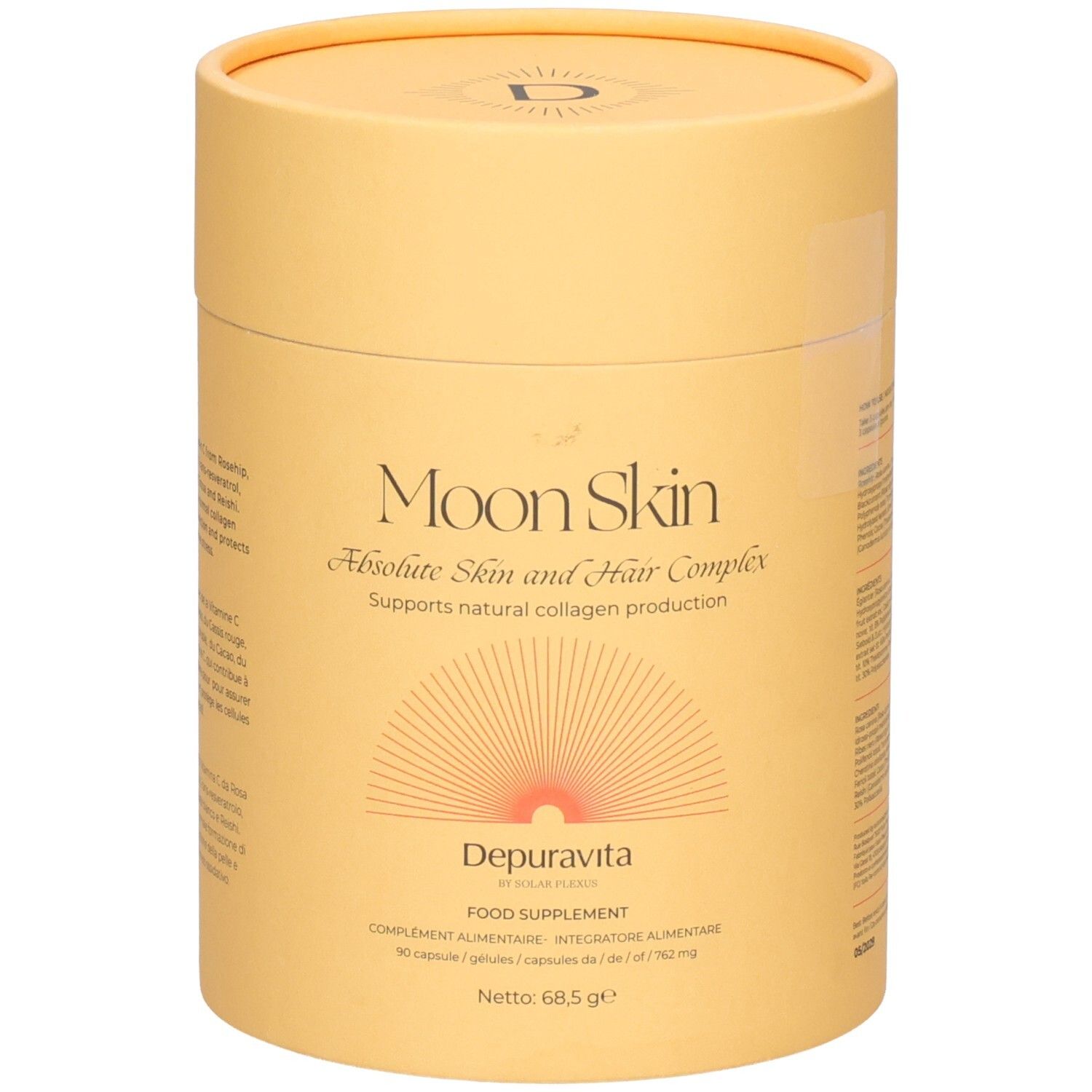 Boîte cylindrique avec "Moon Skin - Absolute Skin and Hair Complex" et "Depuravita". Orange.