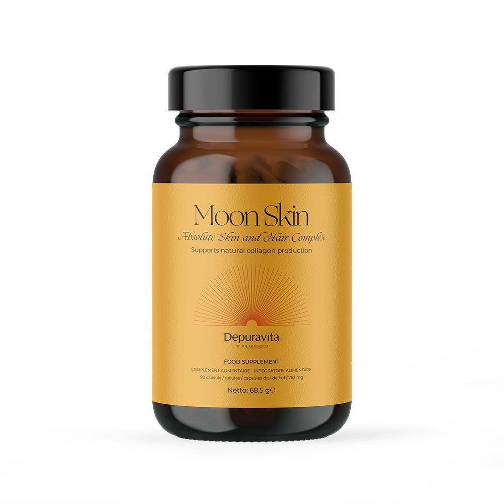 Flacon en verre brun, bouchon noir. Inscription "Moon Skin". Complément alimentaire.