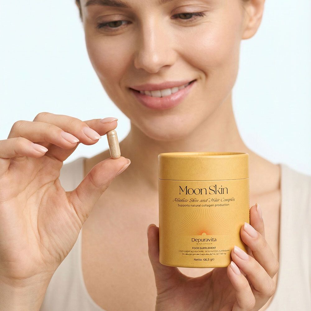 Femme tenant une gélule devant une boîte "Moon Skin". Boîte jaune, informations produit.