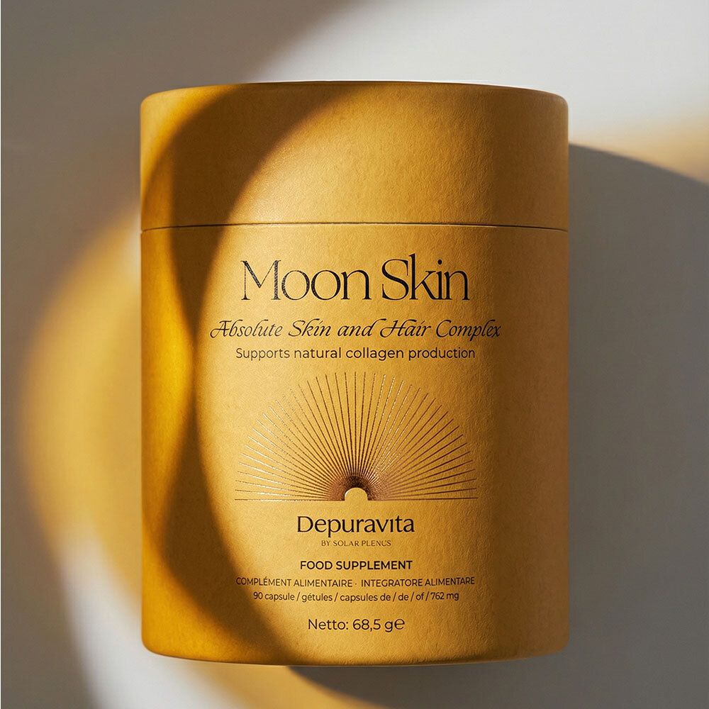 Boîte cylindrique "Moon Skin". Emballage jaune avec logo soleil et informations produit.