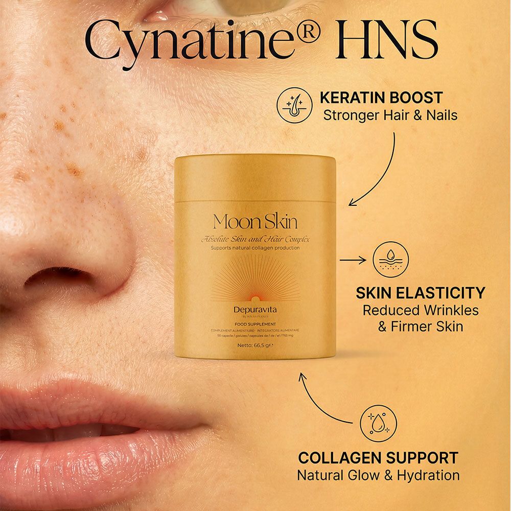 Informations produit sur fond jaune. Texte : "Cynatine HNS", "Moon Skin", avantages et logos.