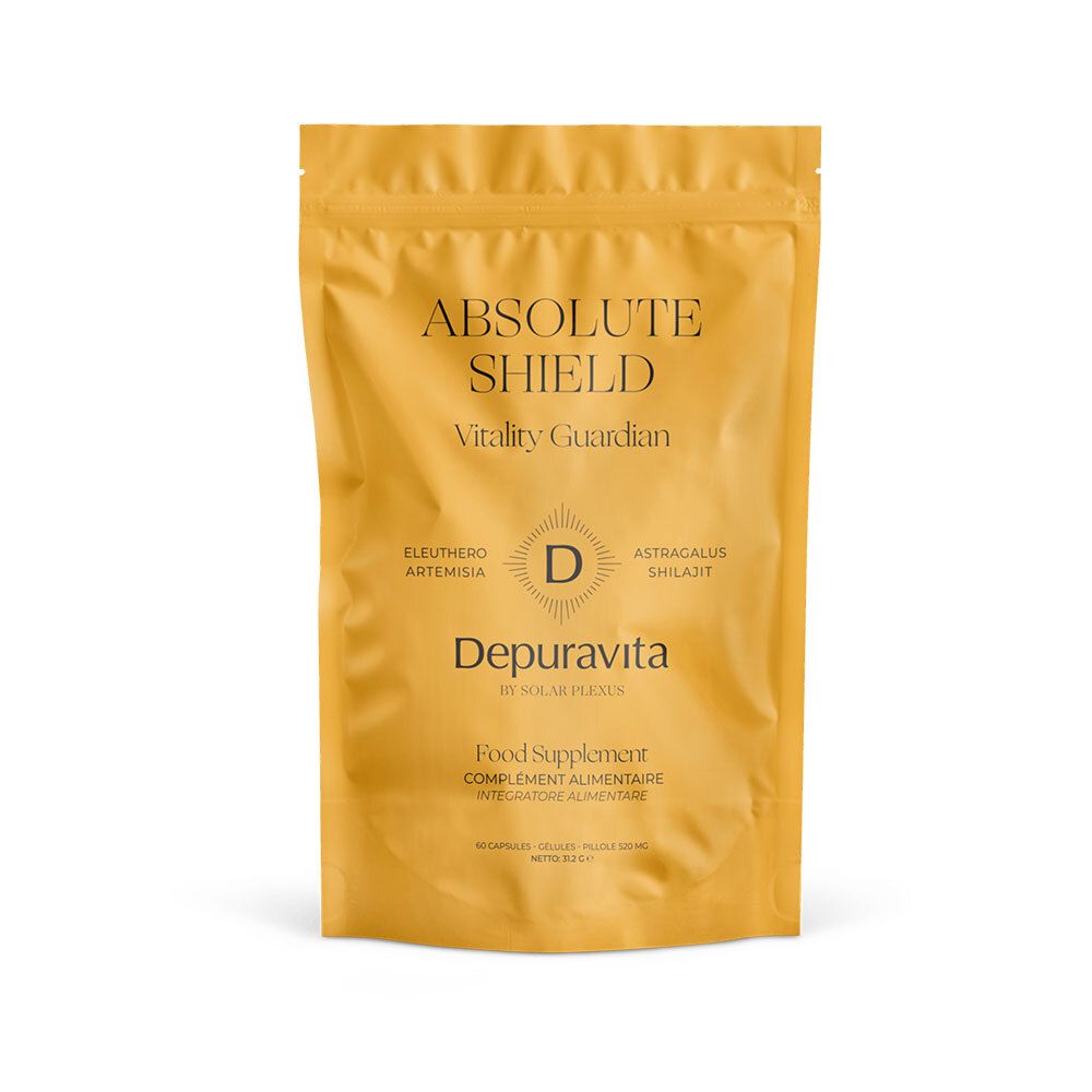 Sachet jaune avec inscription ABSOLUTE SHIELD, Vitality Guardian, Depuravita. Complément alimentaire. Sceau avec lettre D.