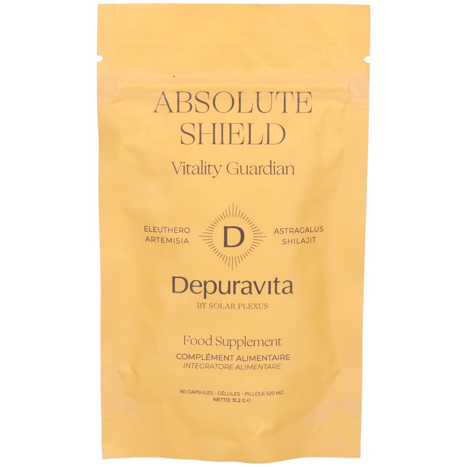 Sachet jaune avec inscription ABSOLUTE SHIELD, Vitality Guardian, Depuravita. Complément alimentaire. Sceau avec lettre D.
