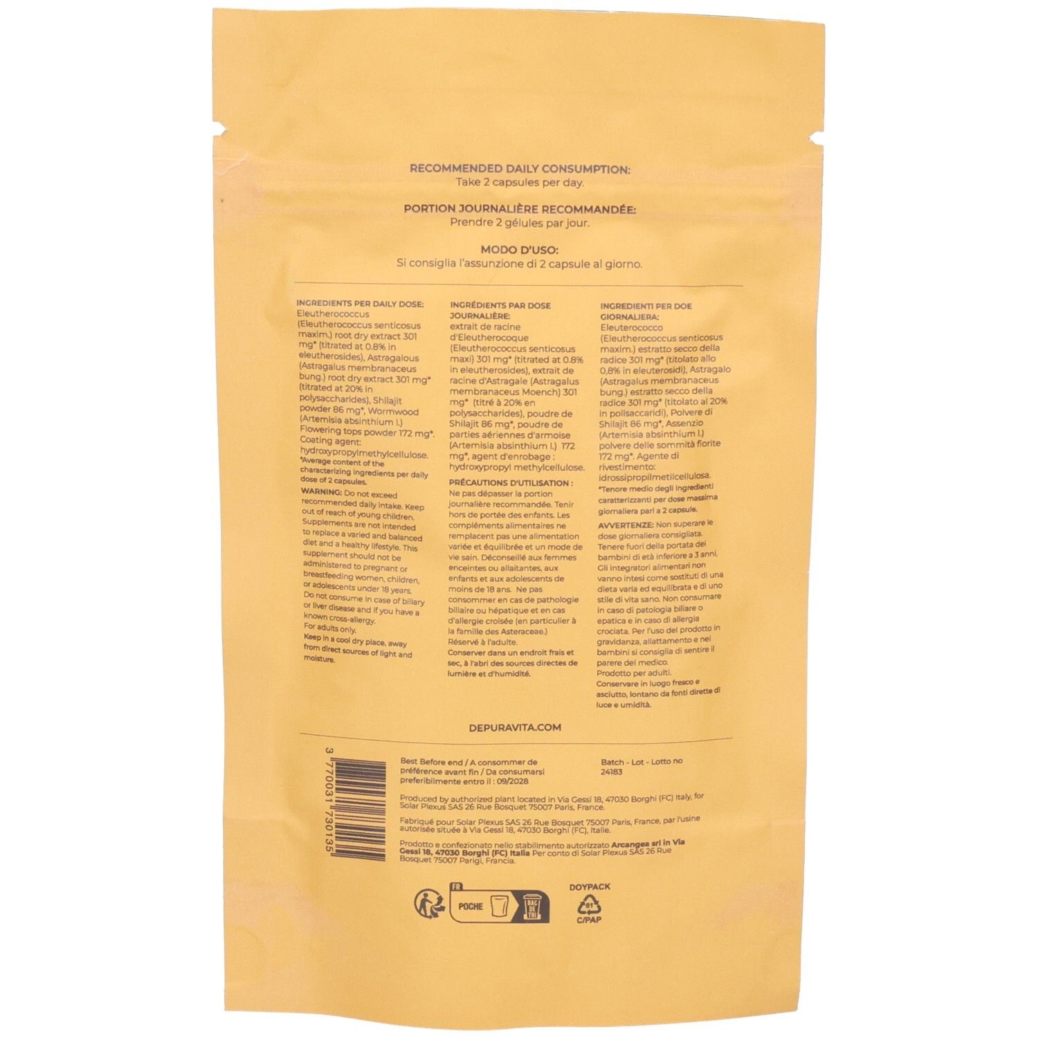 Sachet jaune avec texte. Inscriptions: RECOMMENDED DAILY CONSUMPTION, MODO D'USO, ingrédients, Depuravita. Code-barres et logos.