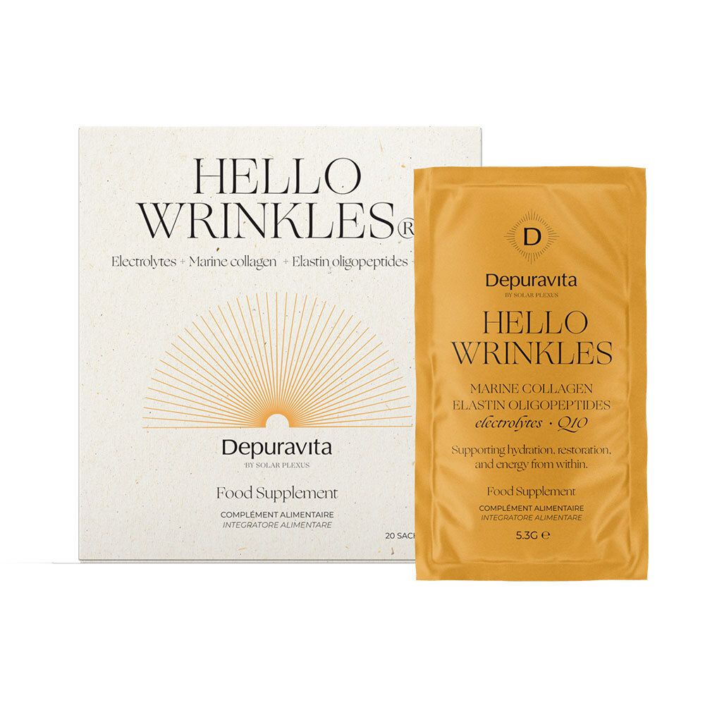 Boîte et sachet Depuravita Hello Wrinkles. Ingrédients du sachet. Inscription: Marine Collagen, Elastin Oligopeptides.
