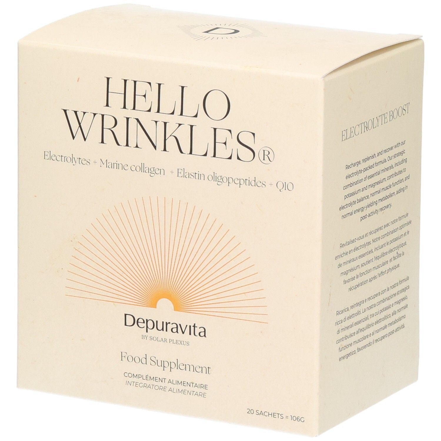 Boîte en carton beige. Inscription: HELLO WRINKLES. Contient des électrolytes, du collagène marin, des oligopeptides d'élastine et Q10. Marque: Depuravita.