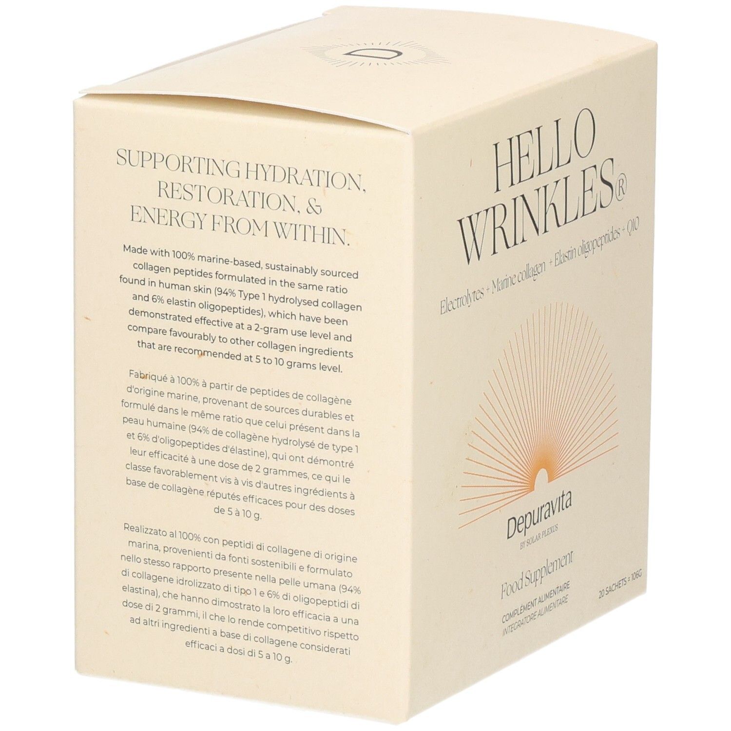 Boîte en carton beige. Inscription: HELLO WRINKLES. Contient des électrolytes, du collagène marin, des oligopeptides d'élastine et Q10. Marque: Depuravita.