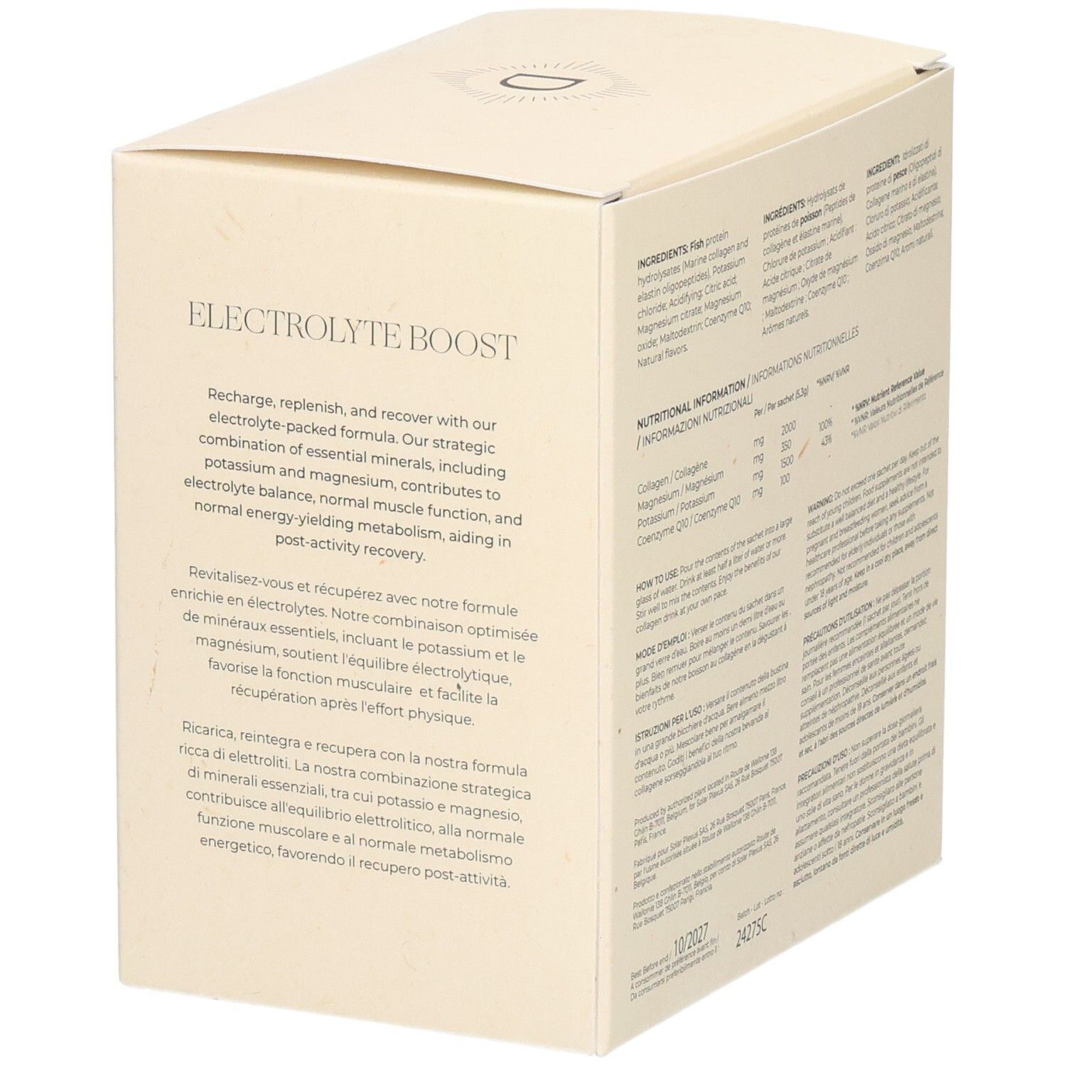 Boîte en carton beige. Inscription: HELLO WRINKLES. Contient des électrolytes, du collagène marin, des oligopeptides d'élastine et Q10. Marque: Depuravita.