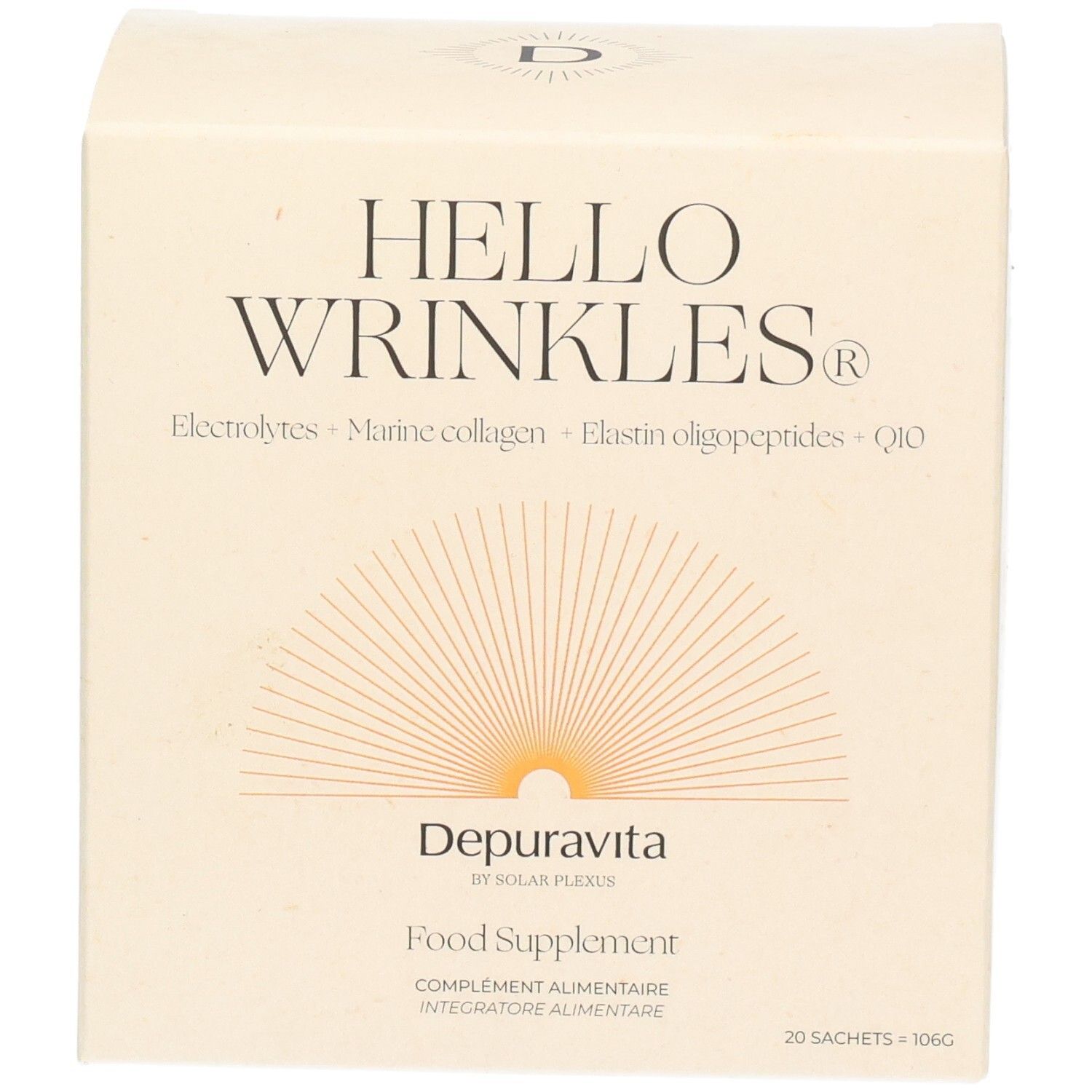 Boîte en carton beige. Inscription: HELLO WRINKLES. Contient des électrolytes, du collagène marin, des oligopeptides d'élastine et Q10. Marque: Depuravita. 20 sachets.