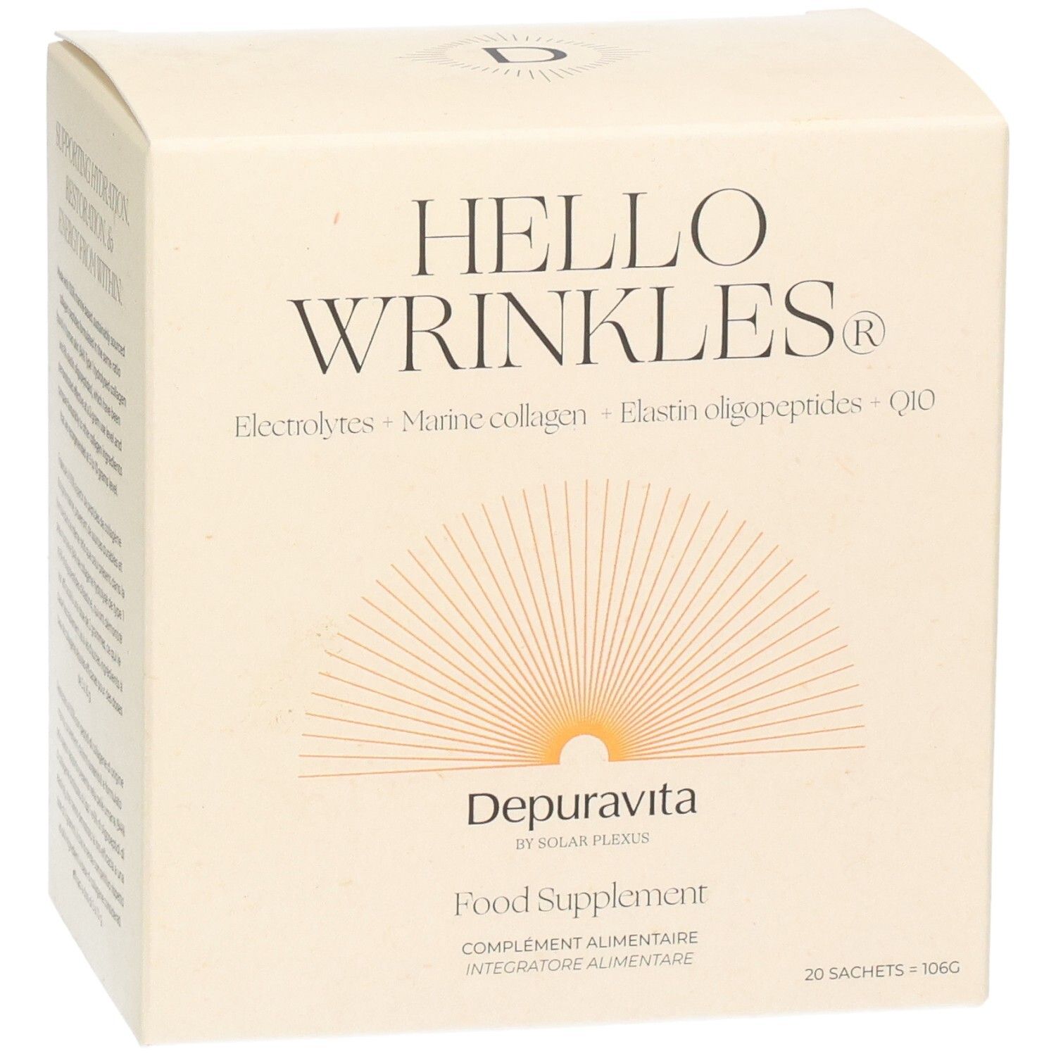 Boîte en carton beige. Inscription: HELLO WRINKLES. Contient des électrolytes, du collagène marin, des oligopeptides d'élastine et Q10. Marque: Depuravita. 20 sachets.