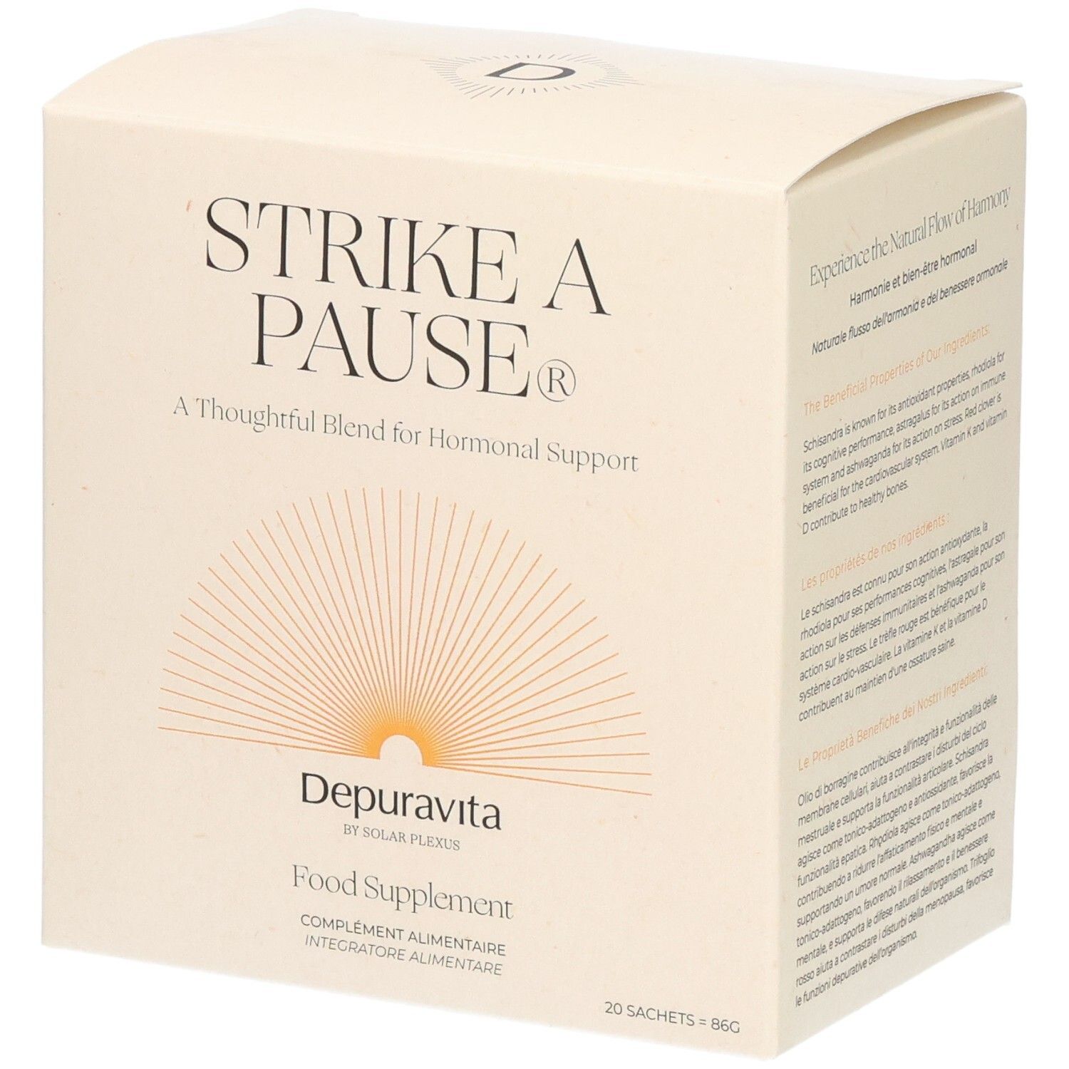 Boîte en carton beige. Inscription: STRIKE A PAUSE, Depuravita, Complément alimentaire. 20 sachets. Design rayons de soleil.