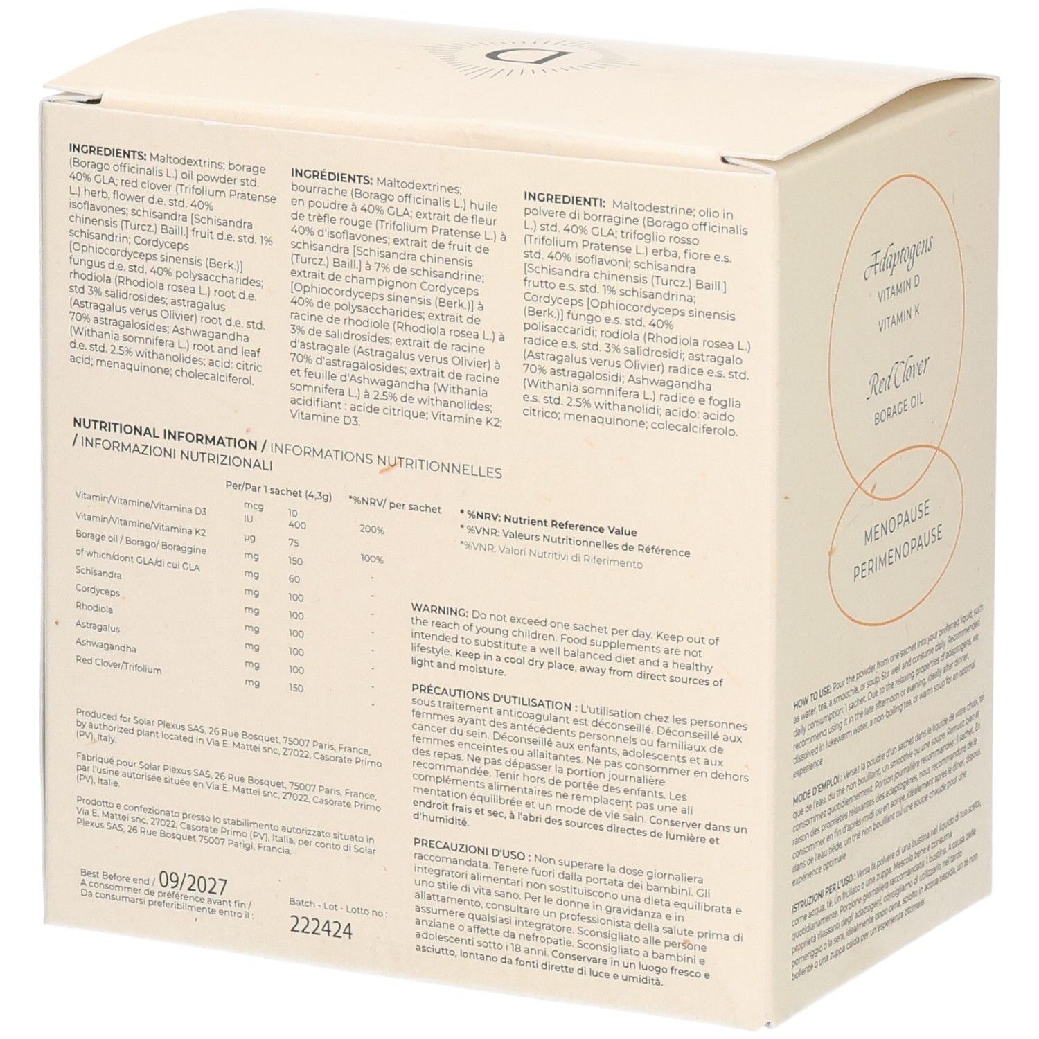 Boîte en carton beige. Dos avec ingrédients et informations nutritionnelles. Contient maltodextrine, huile de bourrache, trèfle rouge, ashwagandha.