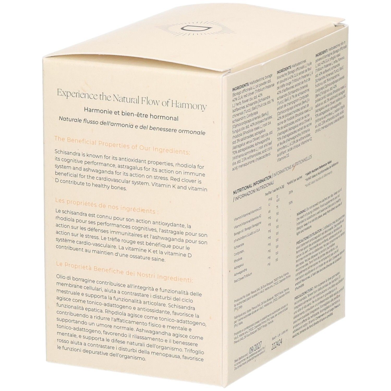 Boîte en carton beige. Texte: Experience the Natural Flow of Harmony. Contient des informations sur les ingrédients et les valeurs nutritionnelles.