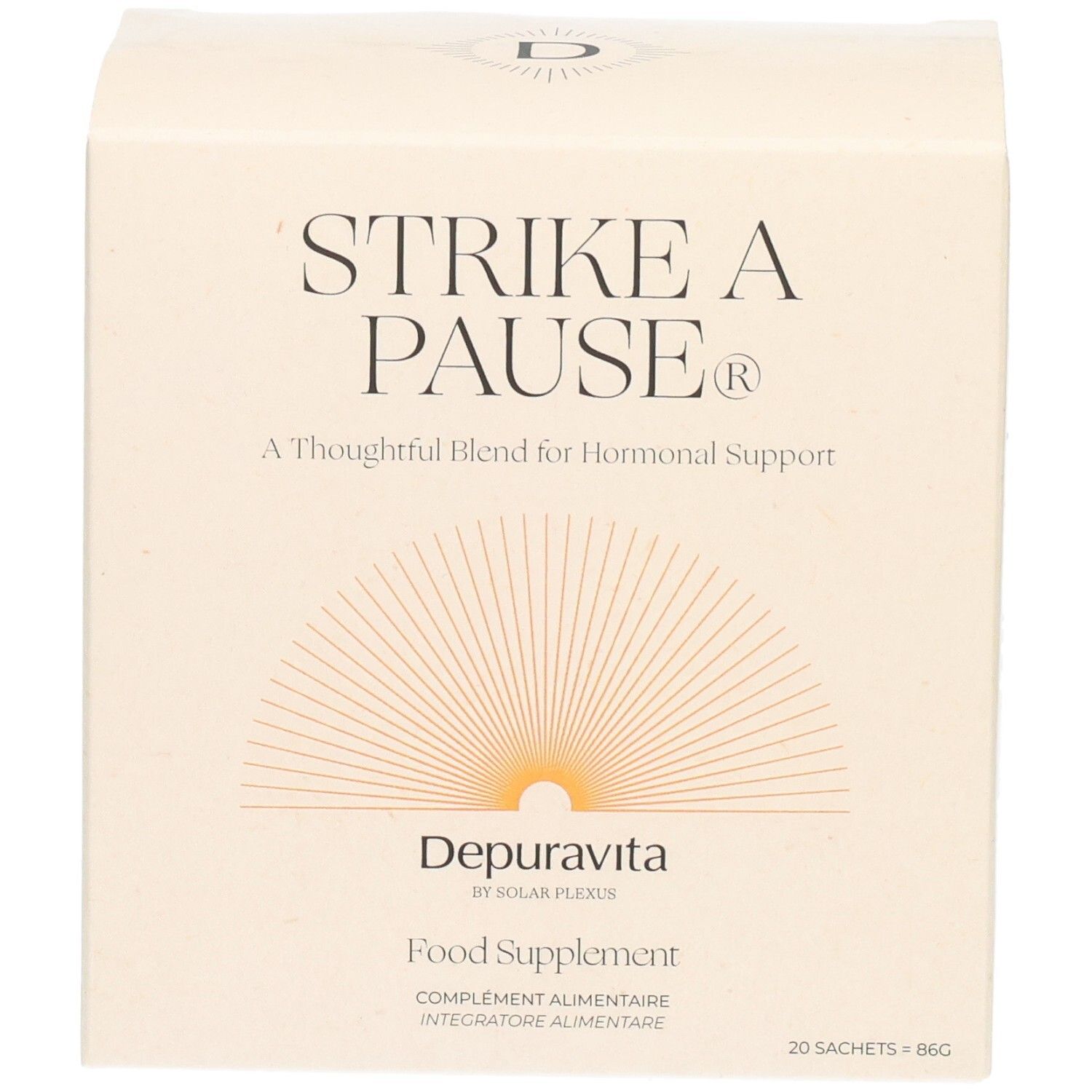 Boîte en carton beige. Inscription: STRIKE A PAUSE, Depuravita, Complément alimentaire. 20 sachets. Design rayons de soleil.
