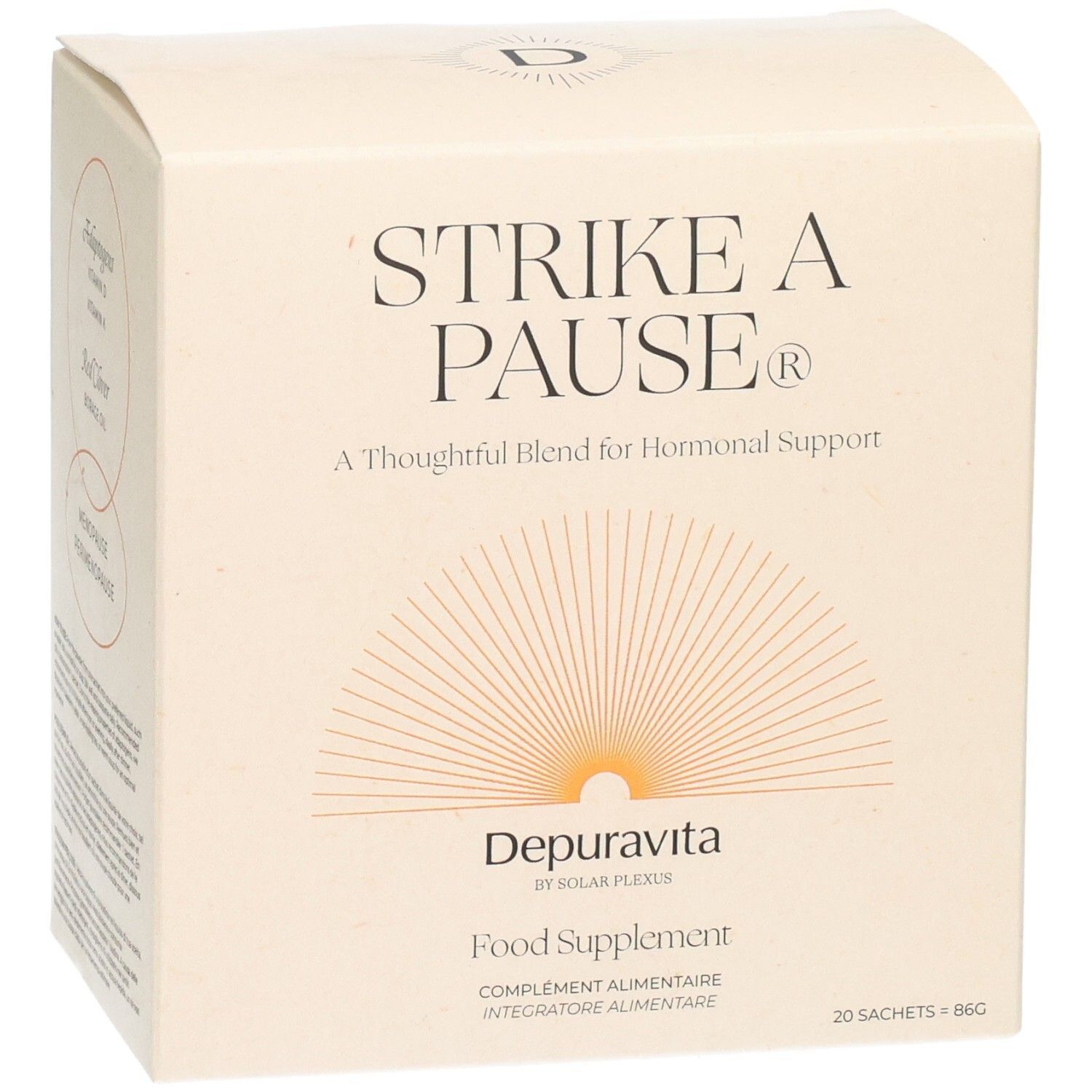 Boîte en carton beige. Inscription: STRIKE A PAUSE, Depuravita, Complément alimentaire. 20 sachets. Avec cercles.