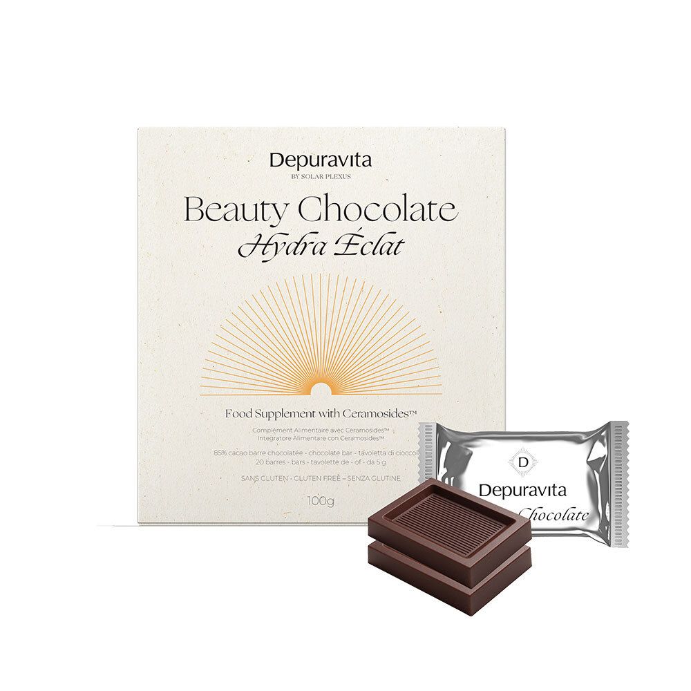 Boîte de Depuravita Beauty Chocolate. Deux carrés de chocolat et un emballage individuel à côté.