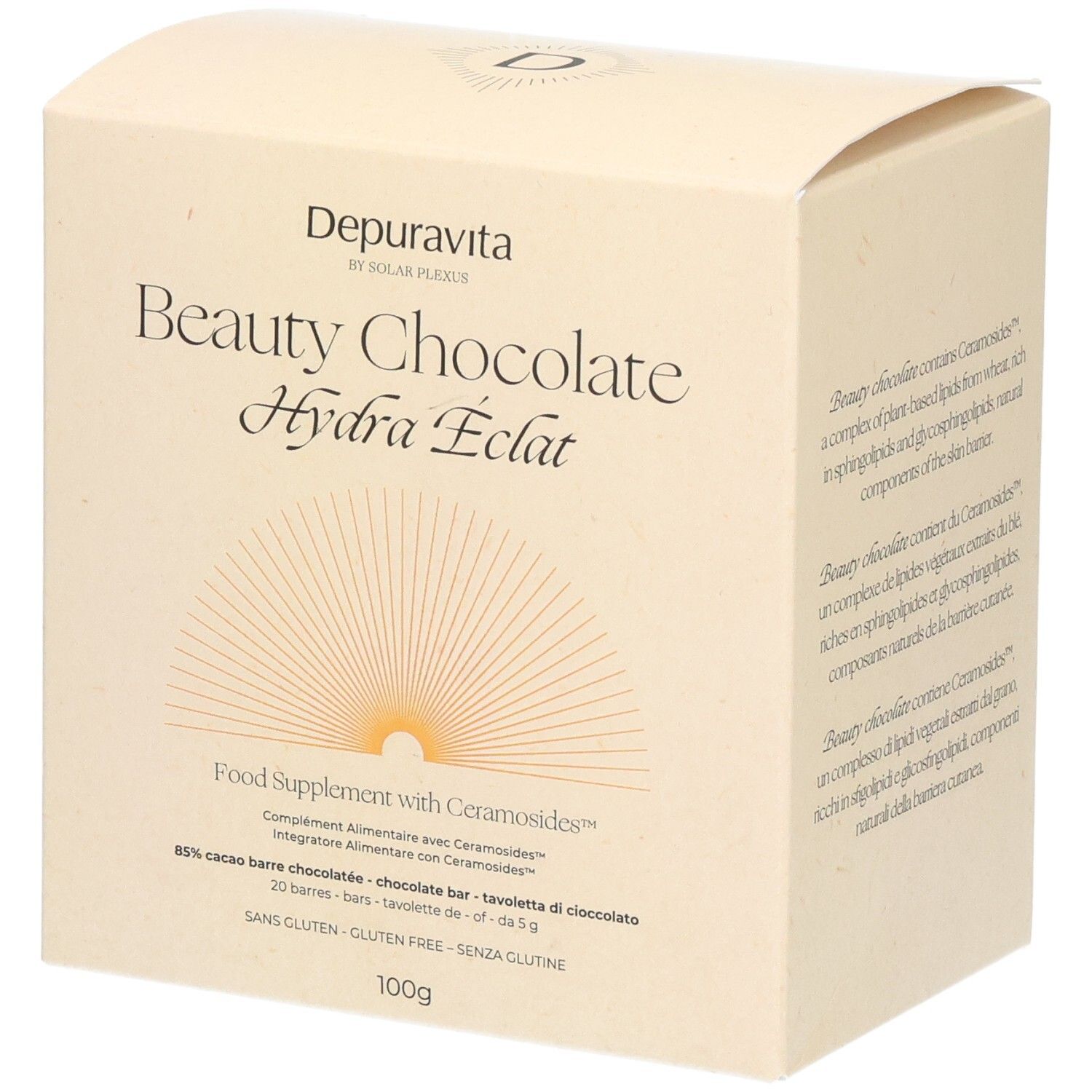 Boîte beige "Beauty Chocolate Hydra Éclat". Contient 20 barres, 100g. Sans gluten. Complément alimentaire avec Ceramosides.