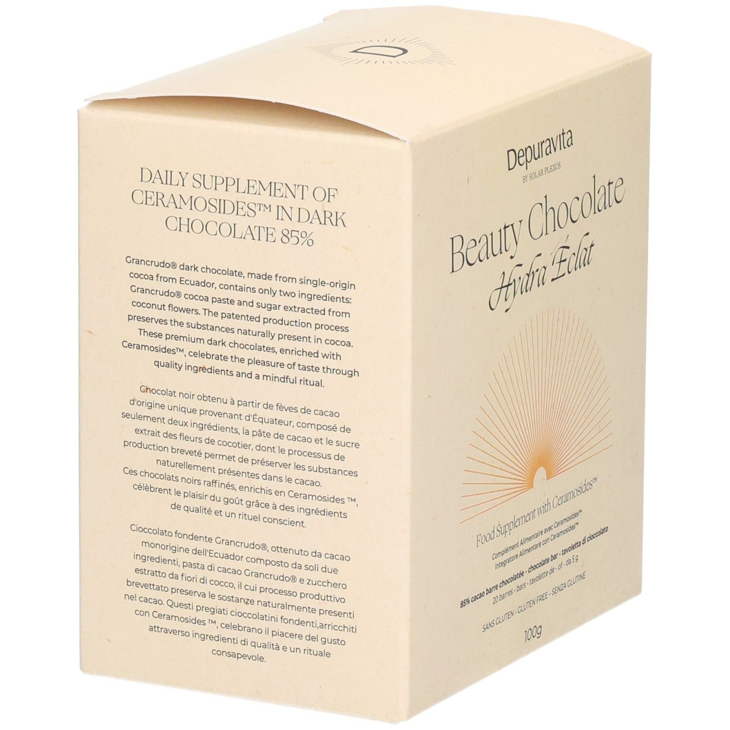 Boîte beige, vue latérale. Texte: "Daily Supplement of Ceramosides in Dark Chocolate 85%". Informations multilingues.