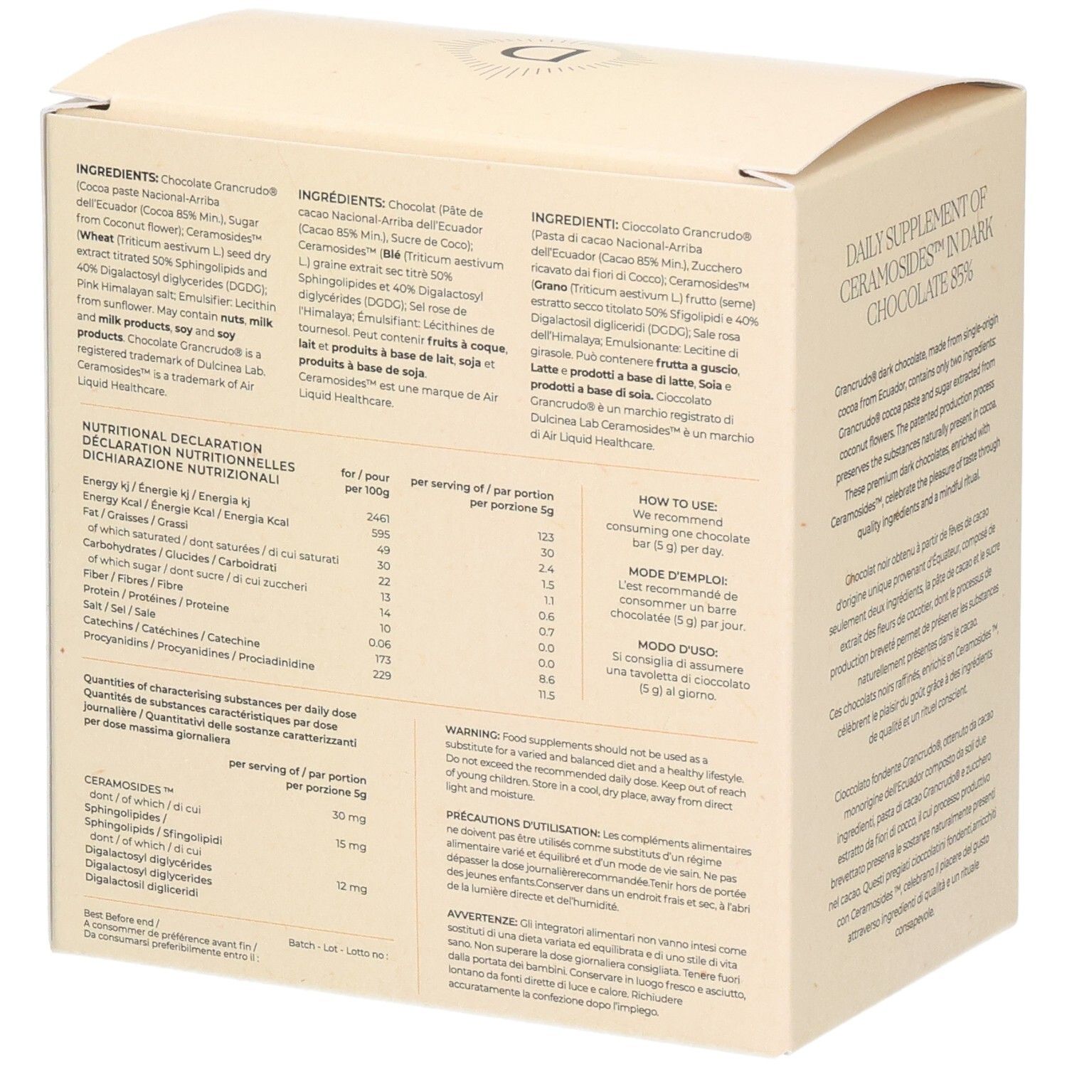 Boîte beige, dos. Ingrédients, informations nutritionnelles et instructions d'utilisation. Multilingue.