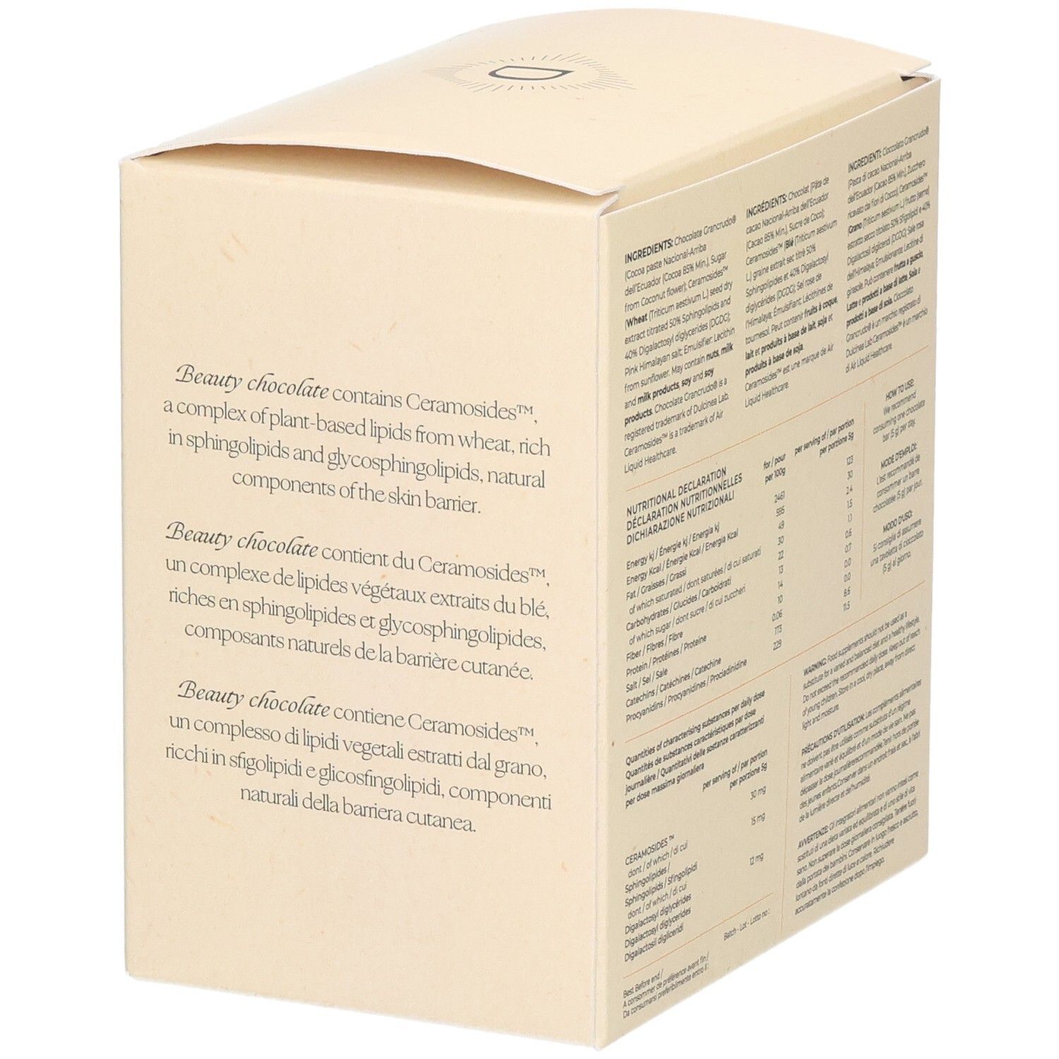Boîte beige, dos. Texte sur Beauty Chocolate avec Ceramosides. Informations multilingues.