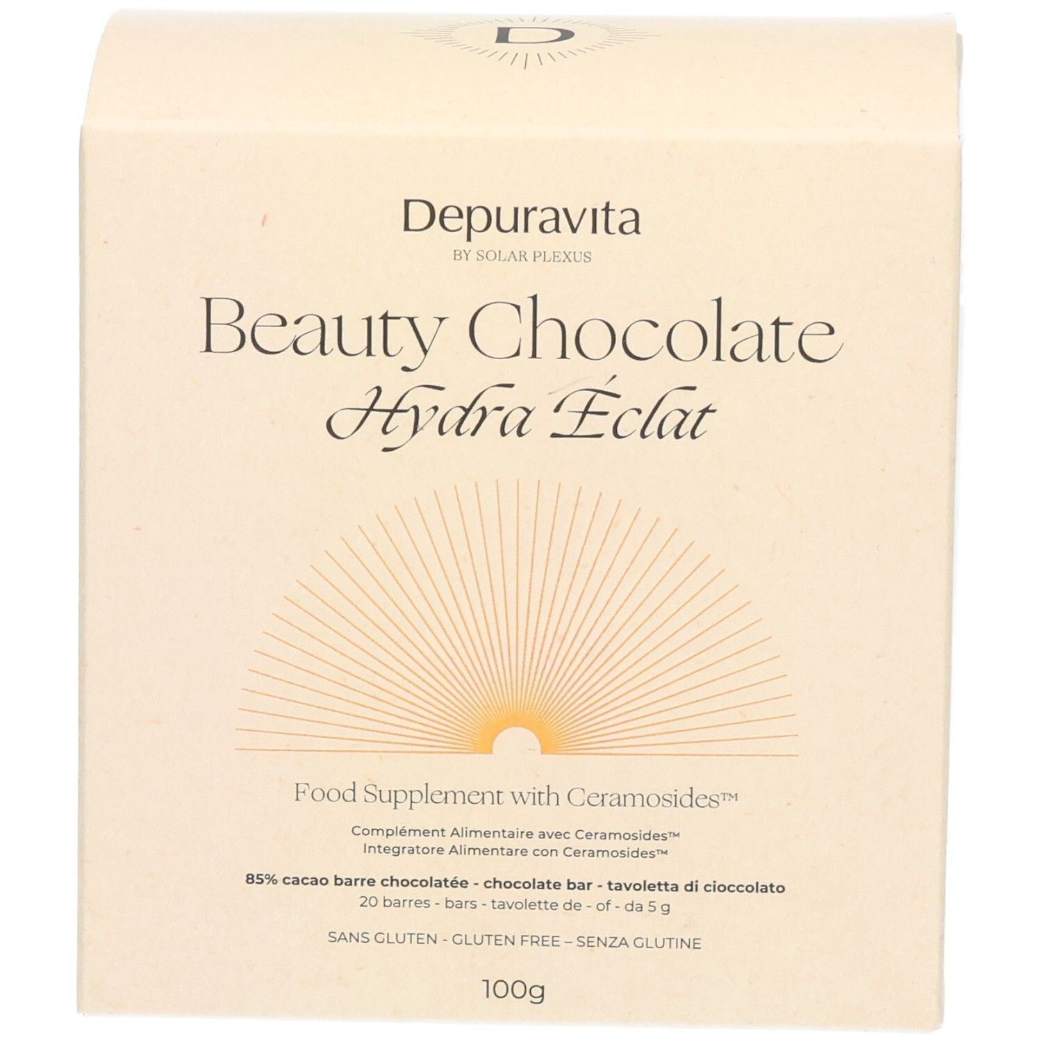 Boîte beige "Beauty Chocolate Hydra Éclat". Contient 20 barres, 100g. Sans gluten. Complément alimentaire avec Ceramosides.