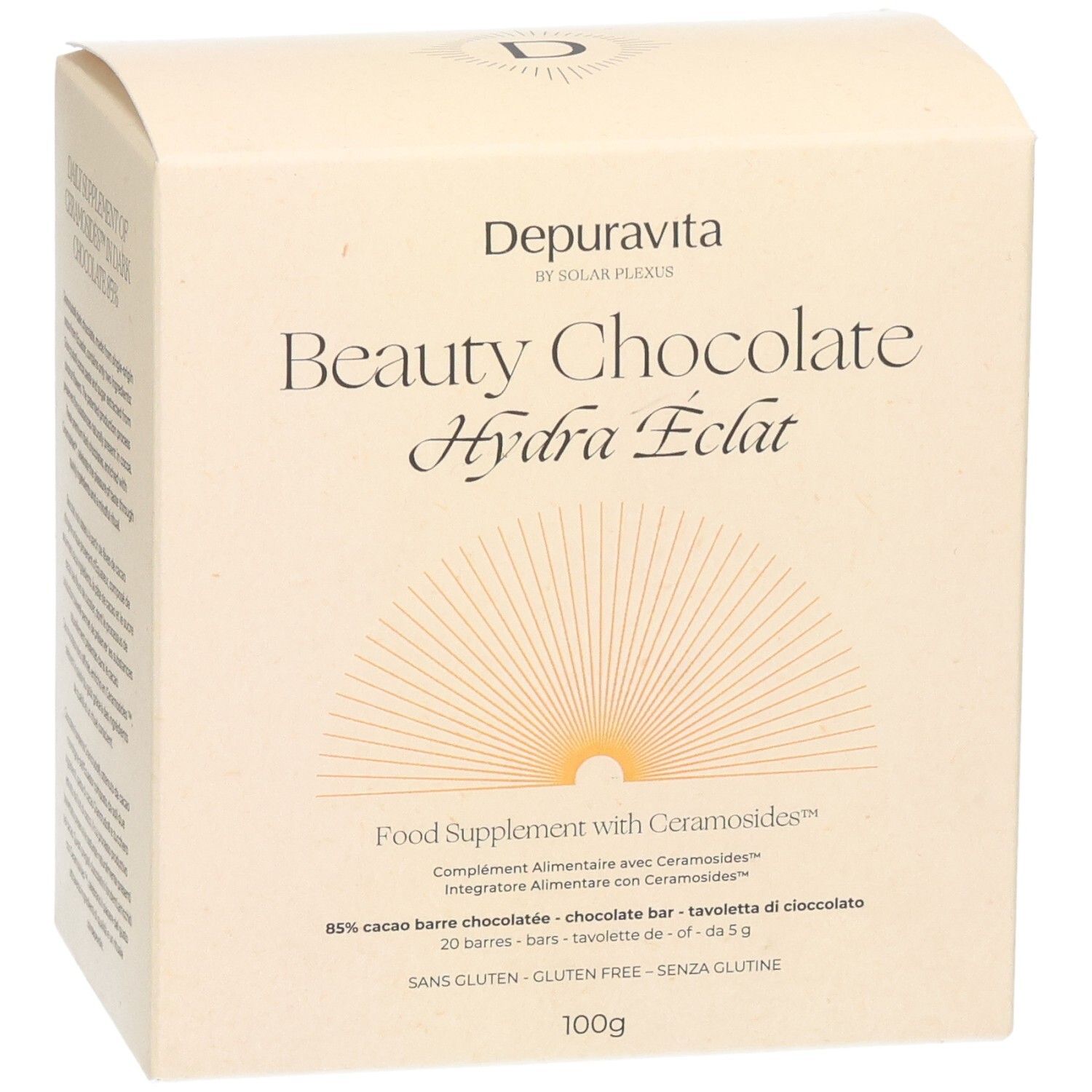 Boîte beige "Beauty Chocolate Hydra Éclat". Contient 20 barres, 100g. Sans gluten. Complément alimentaire avec Ceramosides.