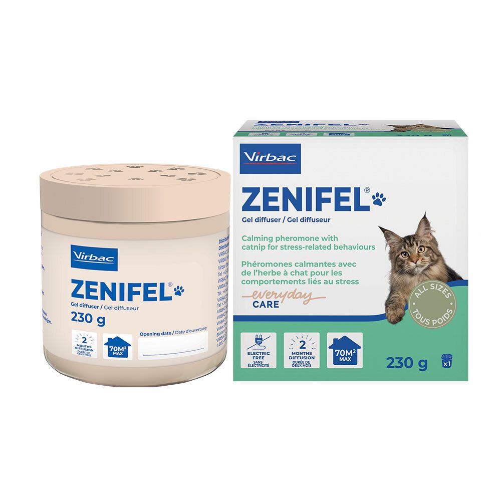 Contenant et boîte Virbac Zenifel Gel Diffuseur avec image de chat.