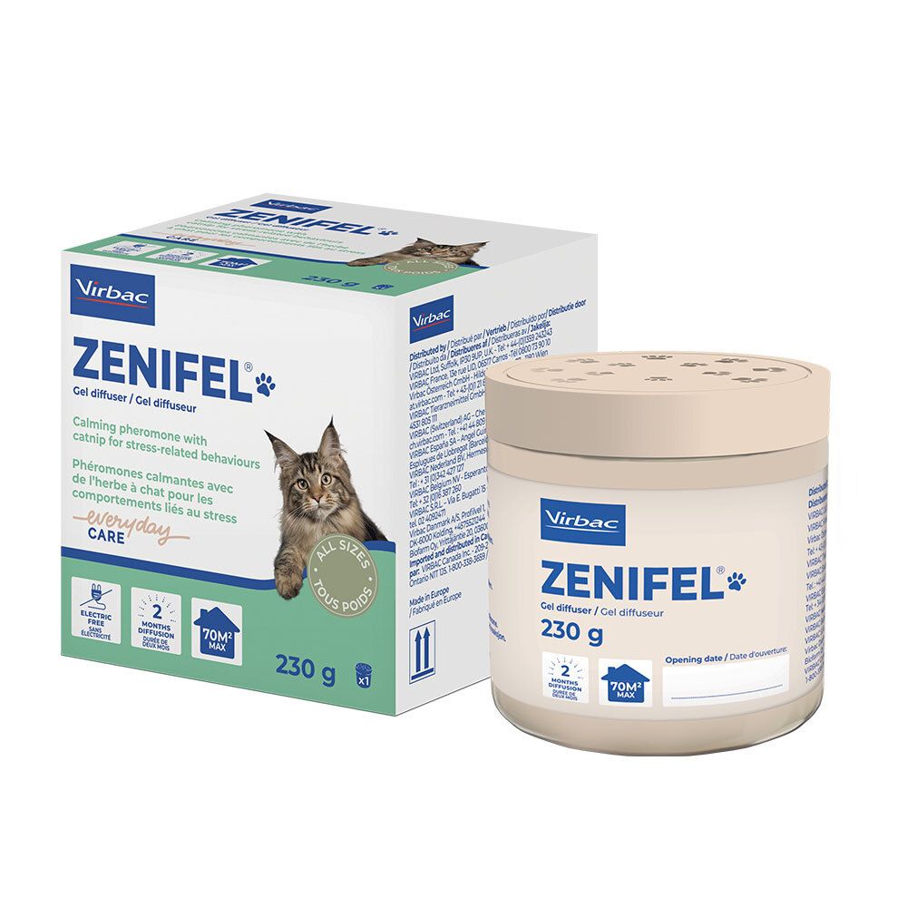Contenant et boîte Virbac Zenifel Gel Diffuseur, vue de face avec image de chat.