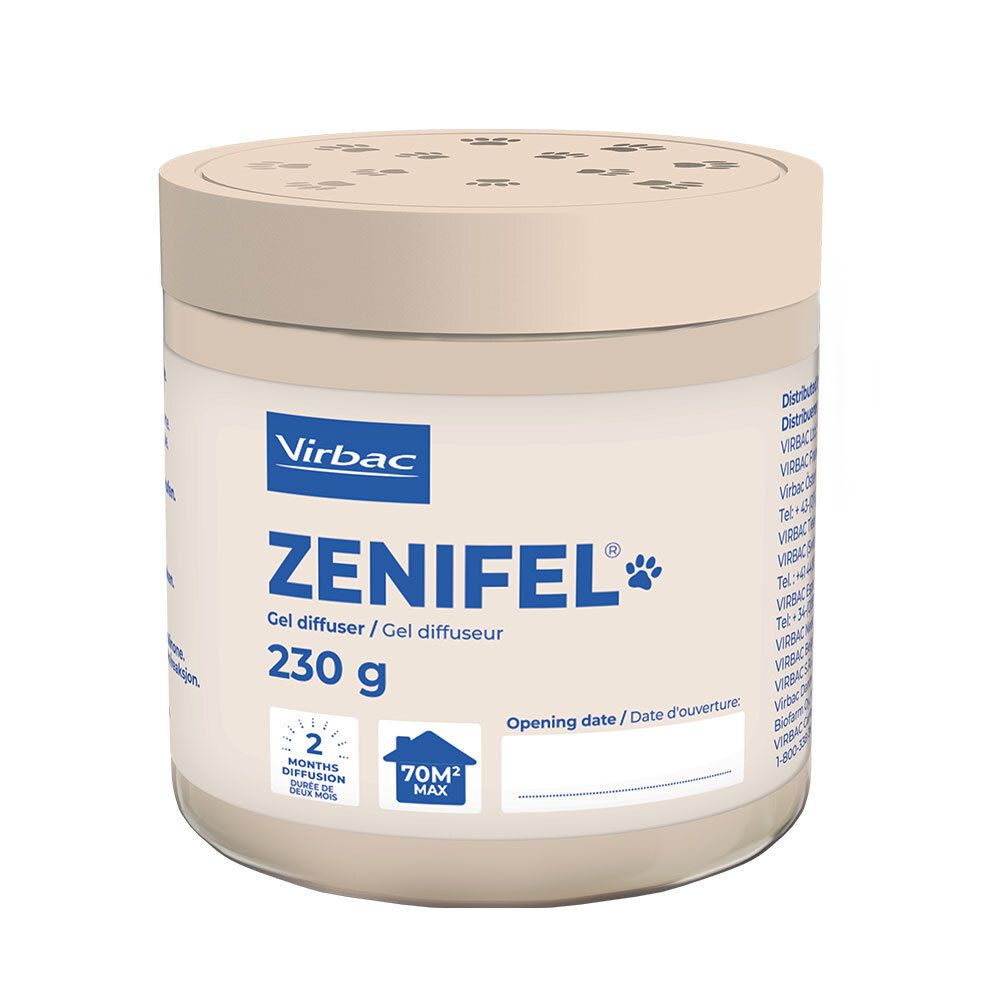 Contenant Virbac Zenifel Gel Diffuseur avec couvercle et motif empreinte de patte, vue de face.