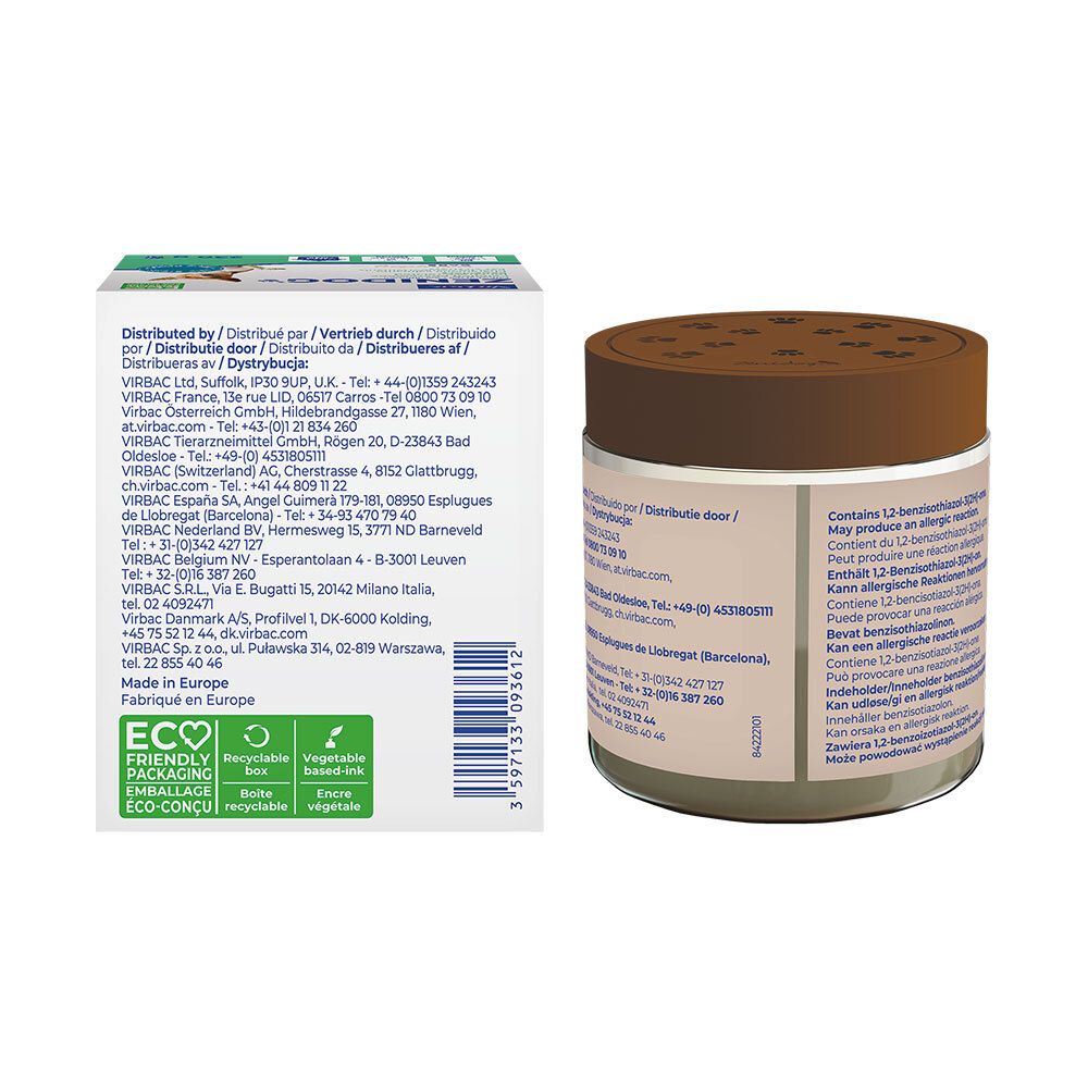 Arrière de l'emballage et du diffuseur Virbac Zenidog Gel avec distributeurs et ingrédients.