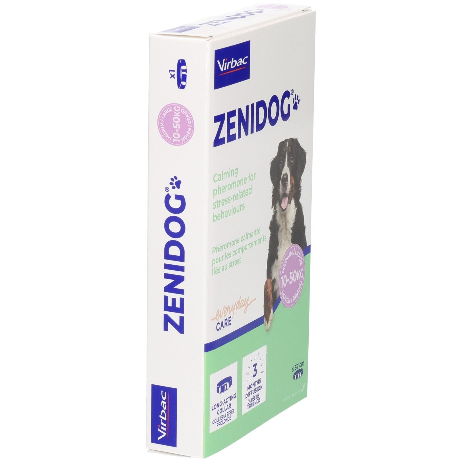 Collier anti-stress Virbac Zenidog pour chiens (10-50 kg). Phéromone calmante. Longueur 67 cm.