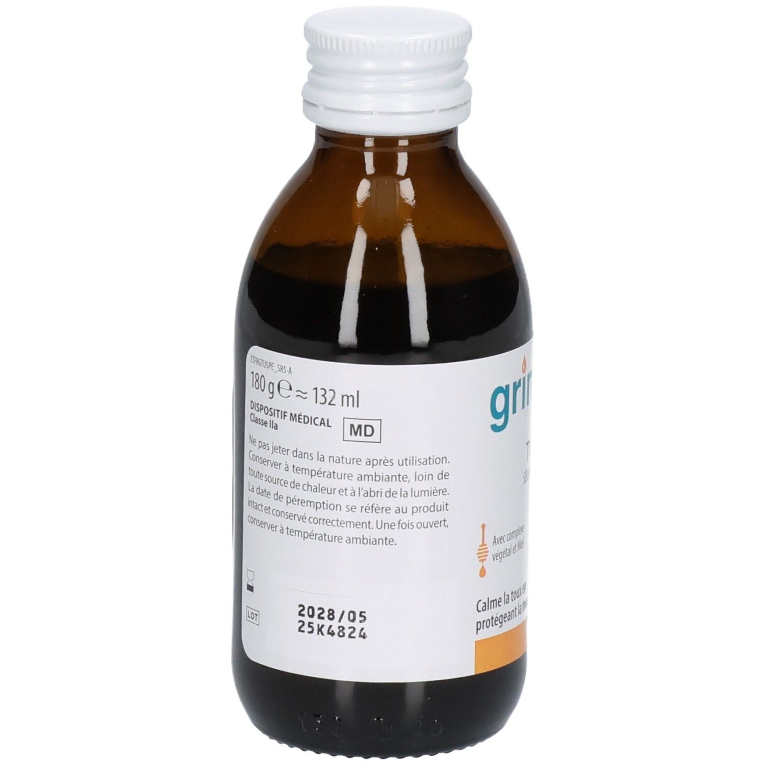 Bouteille en verre brun avec bouchon à vis blanc, contenant un sirop foncé. Étiquette avec informations produit et date de péremption.