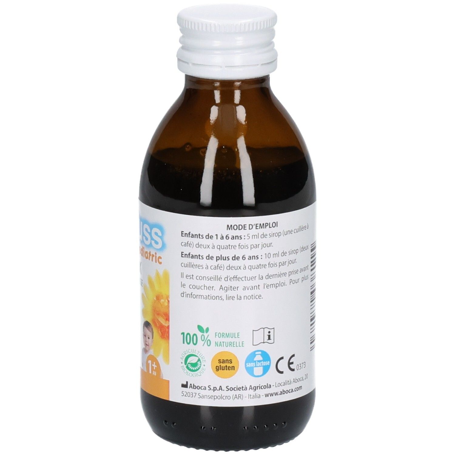 Bouteille en verre brun avec sirop. Étiquette avec mode d'emploi, sceaux "100% Formule Naturelle" et "Sans Gluten".