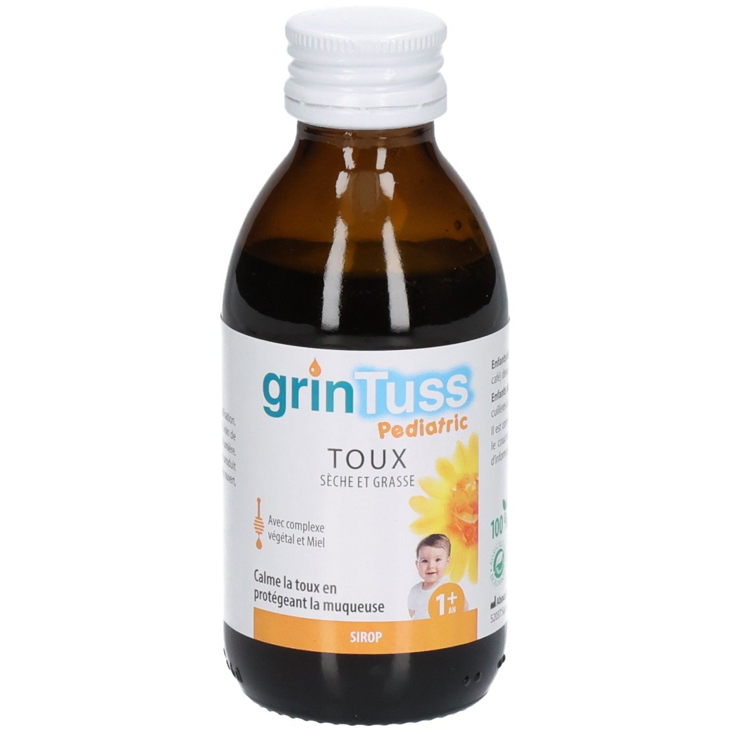 Bouteille de sirop Grintuss Pediatric. L'étiquette montre un tournesol, un bébé et l'inscription "Toux Sèche et Grasse".