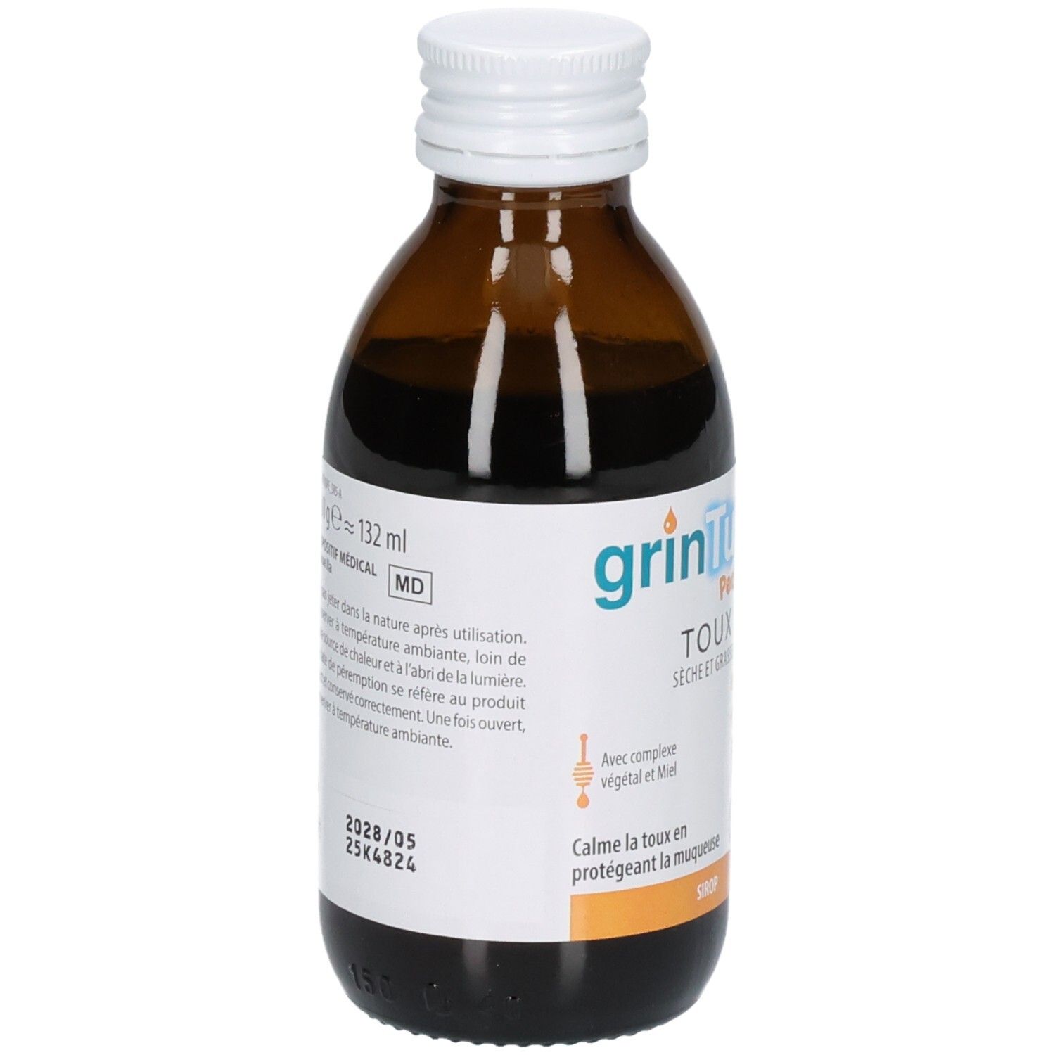 Bouteille en verre brun avec sirop. Étiquette avec logo "grintuss", "Toux Sèche et Grasse" et "Avec complexe végétal et Miel".