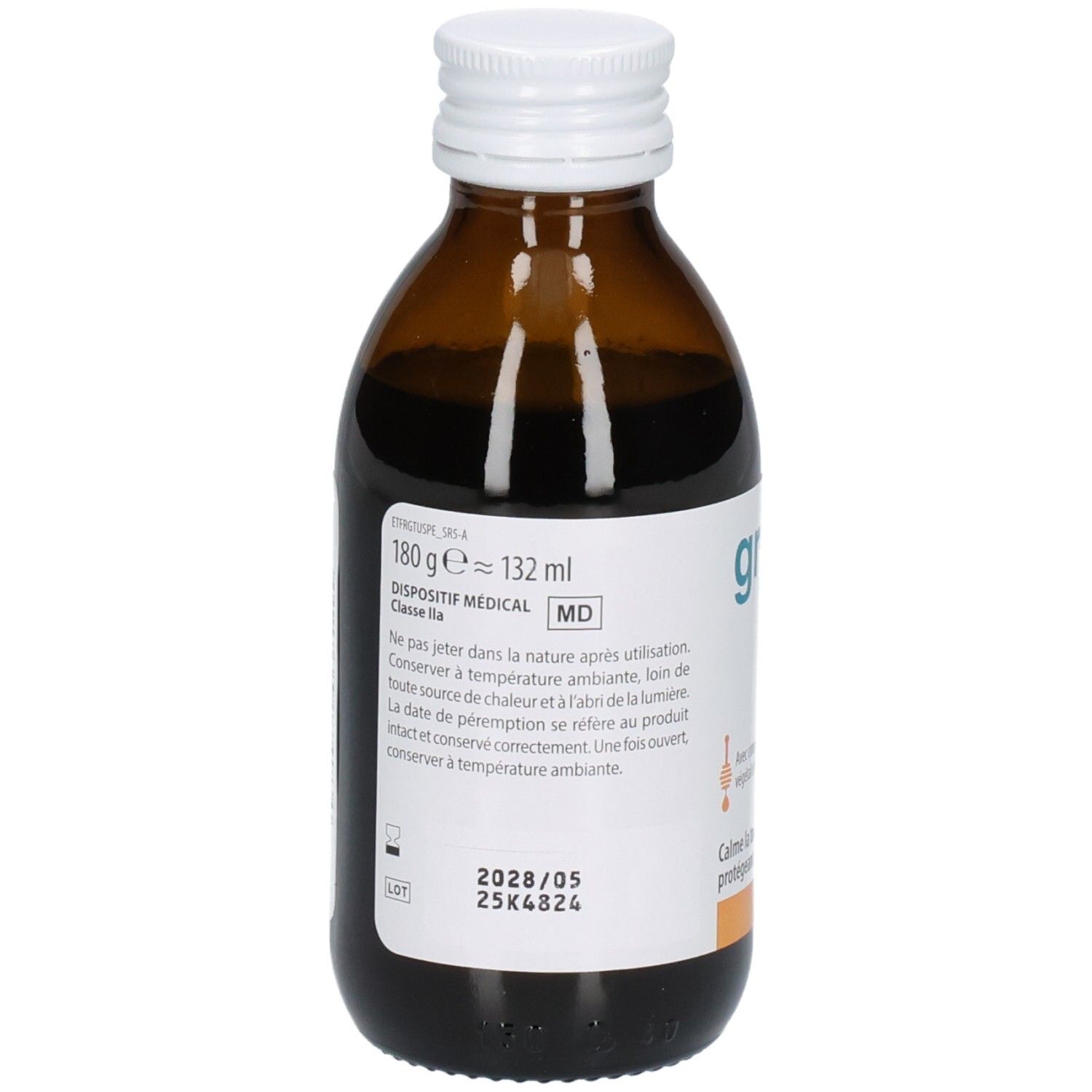 Arrière d'une bouteille en verre brun avec sirop. Étiquette avec logo "grintuss", "Toux Sèche et Grasse" et informations sur le dispositif médical.