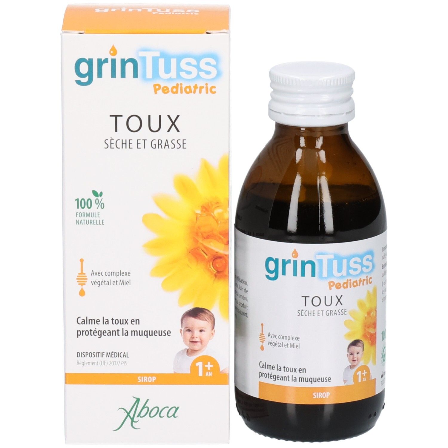 Emballage et bouteille de sirop Grintuss Pediatric. La boîte montre un tournesol, un bébé et "Toux Sèche et Grasse".