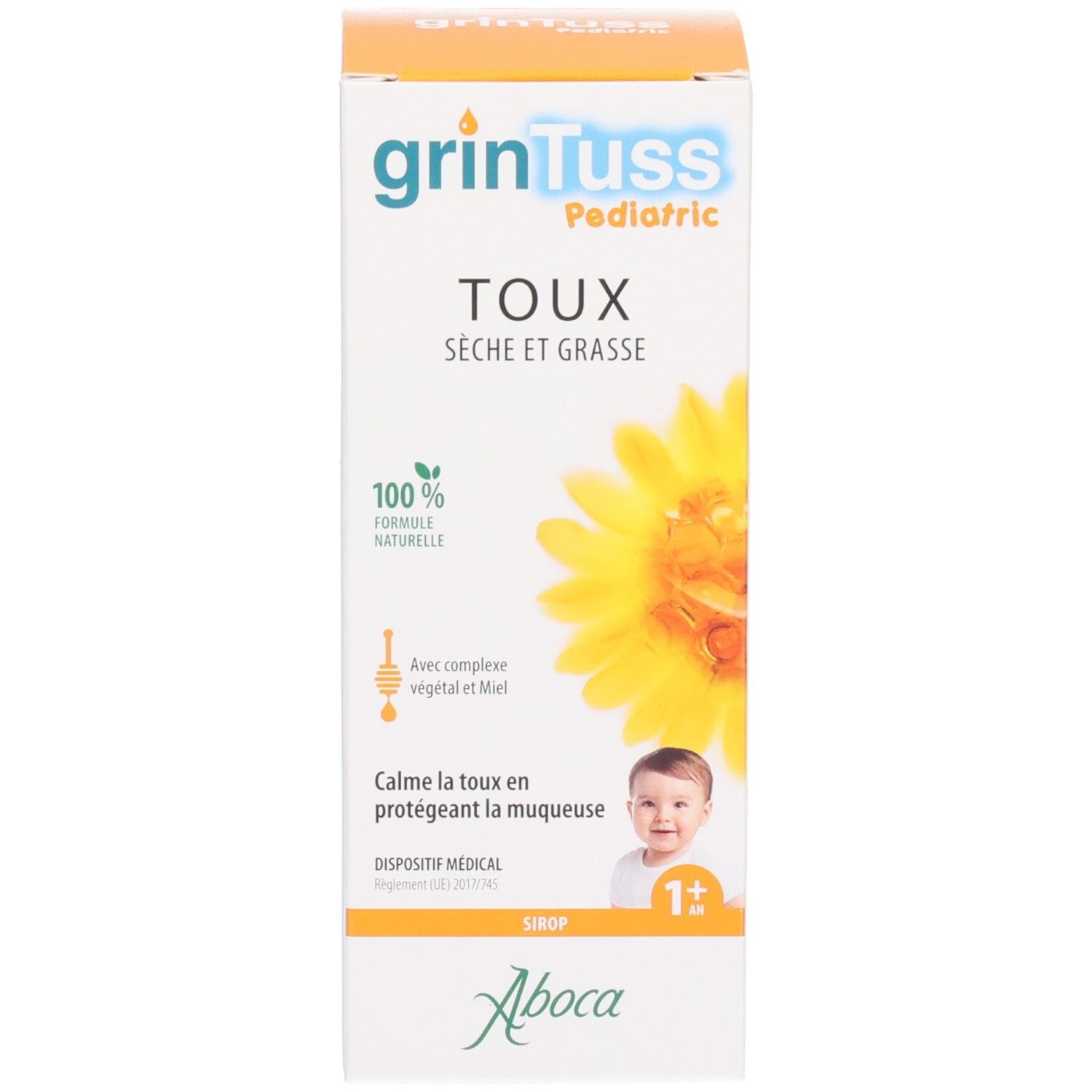 Emballage cartonné pour sirop Grintuss Pediatric. Montre "100% Formule Naturelle", "Sans Gluten" et logo "Aboca".