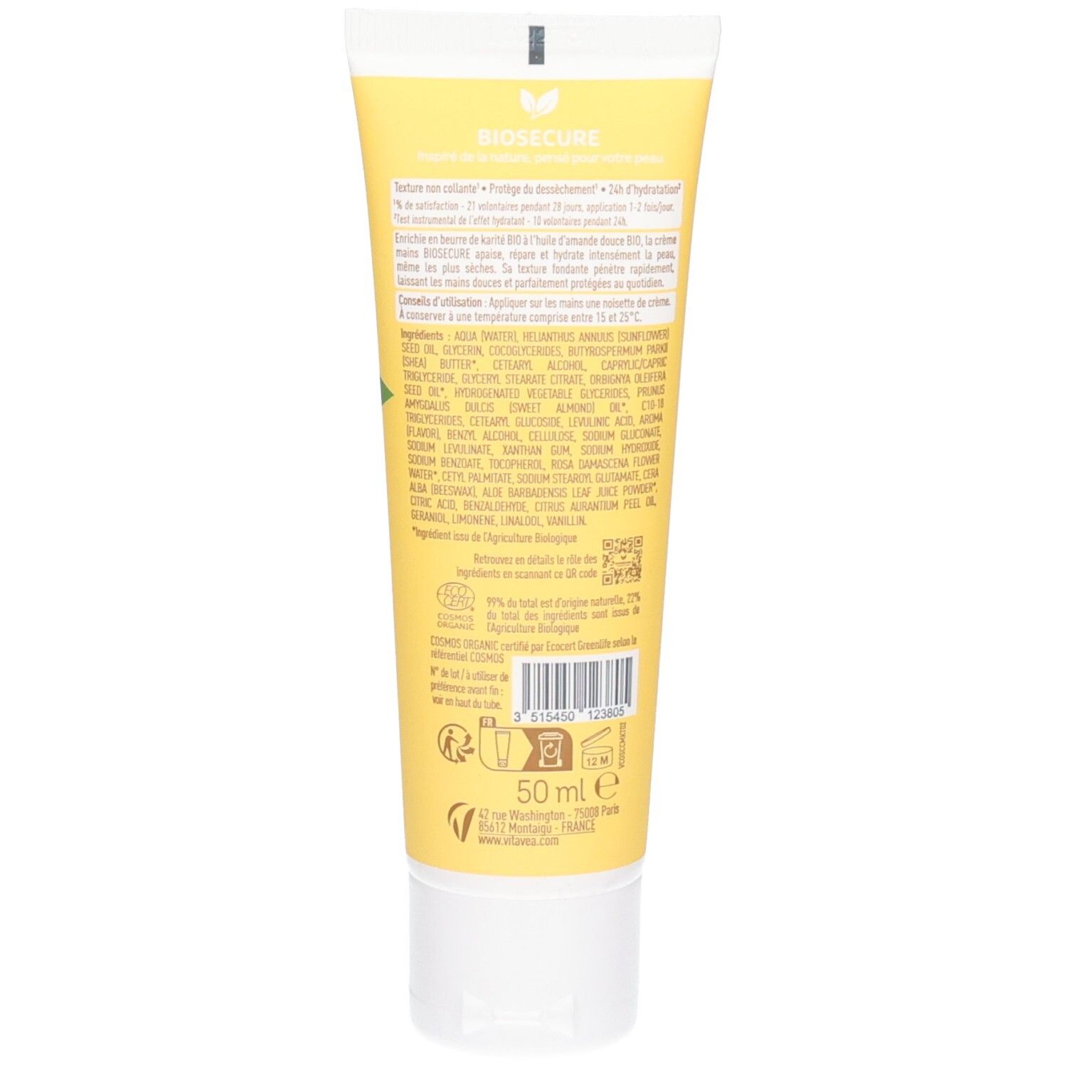 Arrière du tube de Crème Mains Bio Secure. Contient les ingrédients et certifications. 50 ml.