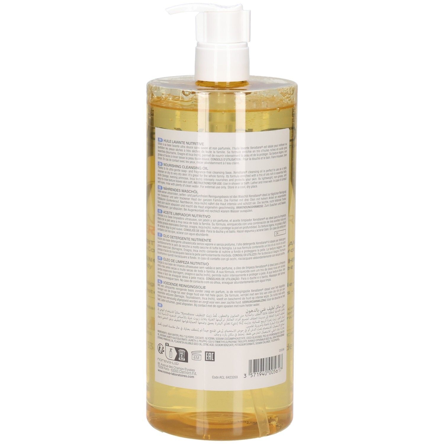 Vue latérale Noreva Xerodiane Cera+ HLE huile lavante nutritive avec distributeur.